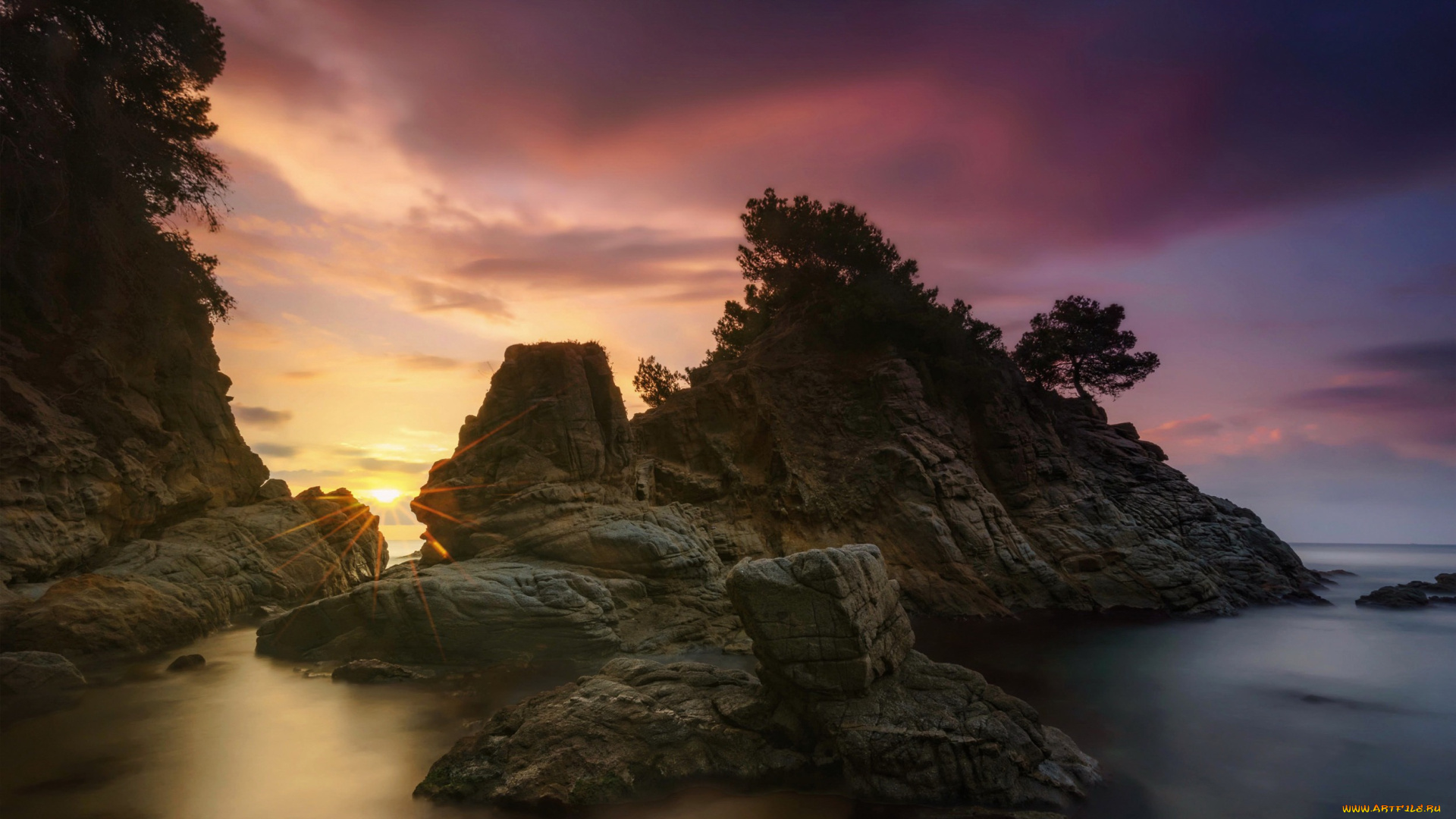 природа, восходы, закаты, скалы, камни, лучи, деревья, almeria, испания, побережье, небо, солнце, рассвет, горизонт, море