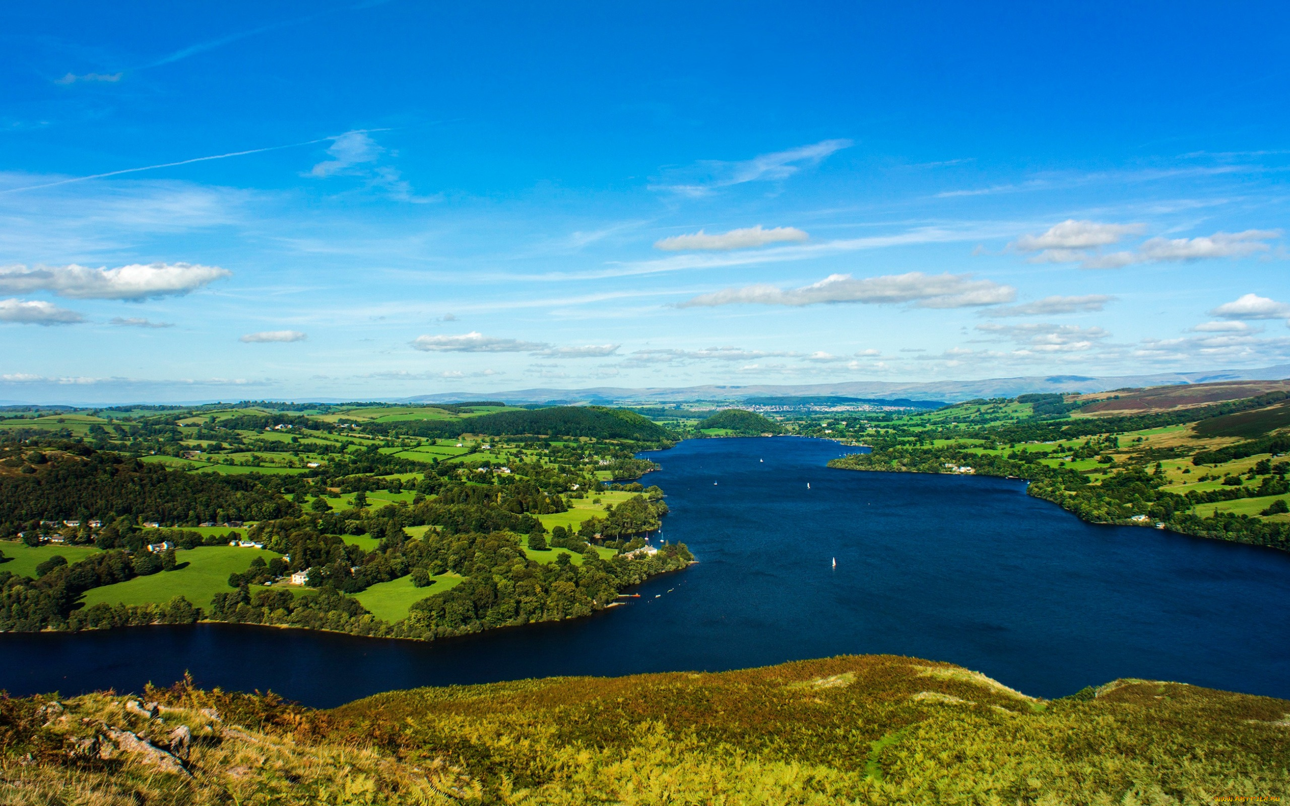 природа, реки, озера, деревья, облака, панорама, небо, англия, howtown, зелень, возвышенность, поля, река