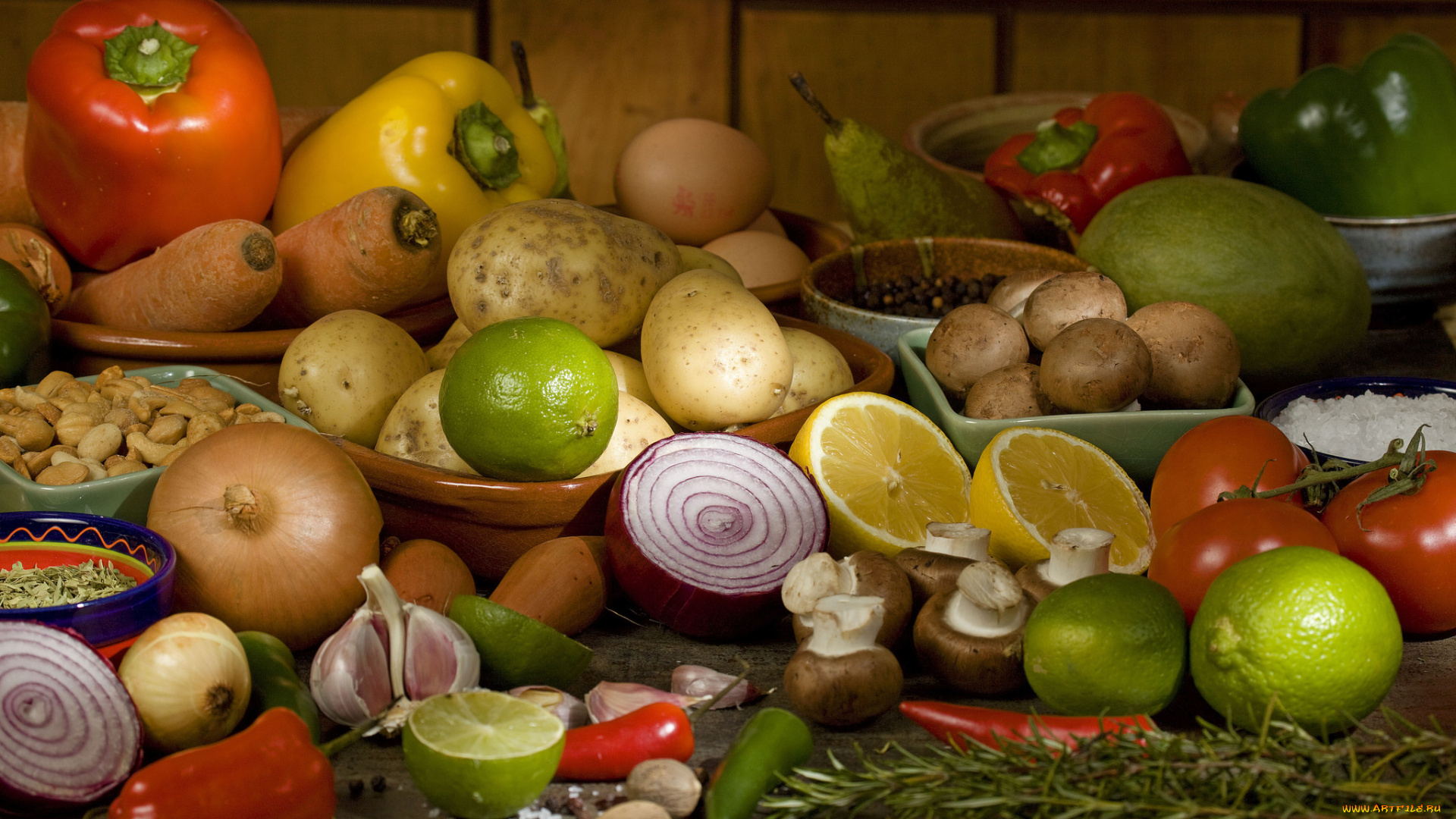 еда, фрукты, и, овощи, вместе, снедь