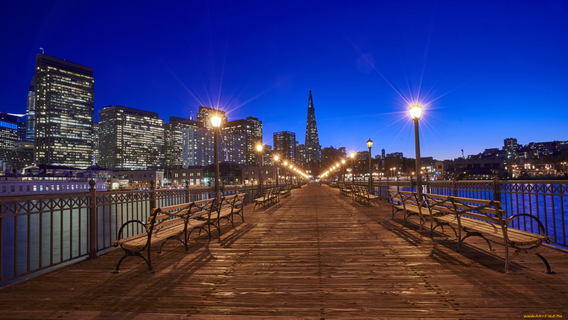 города, сан-франциско, , сша, мост, скамейки, фонари, ночь, сан-франциско, огни