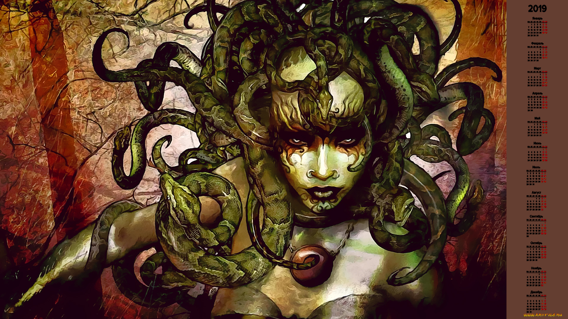 календари, фэнтези, змея, лицо, взгляд