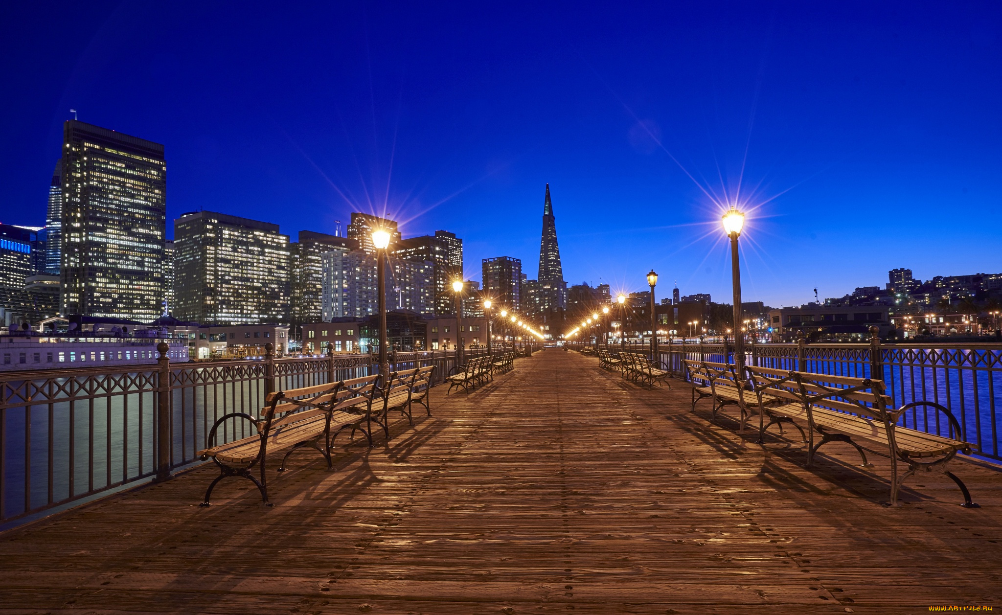 города, сан-франциско, , сша, мост, скамейки, фонари, ночь, сан-франциско, огни