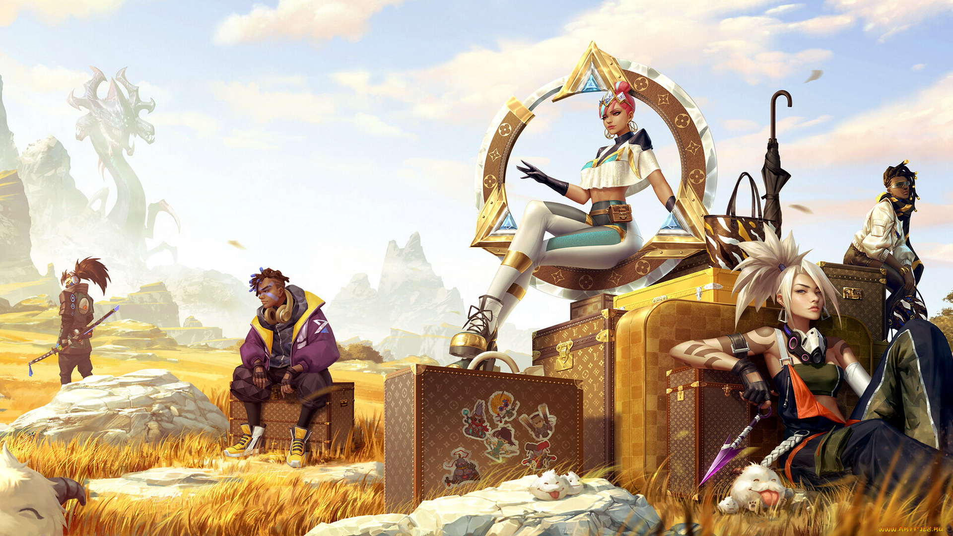 видео, игры, league, of, legends, персонажи, чемоданы, камни, трава, горы