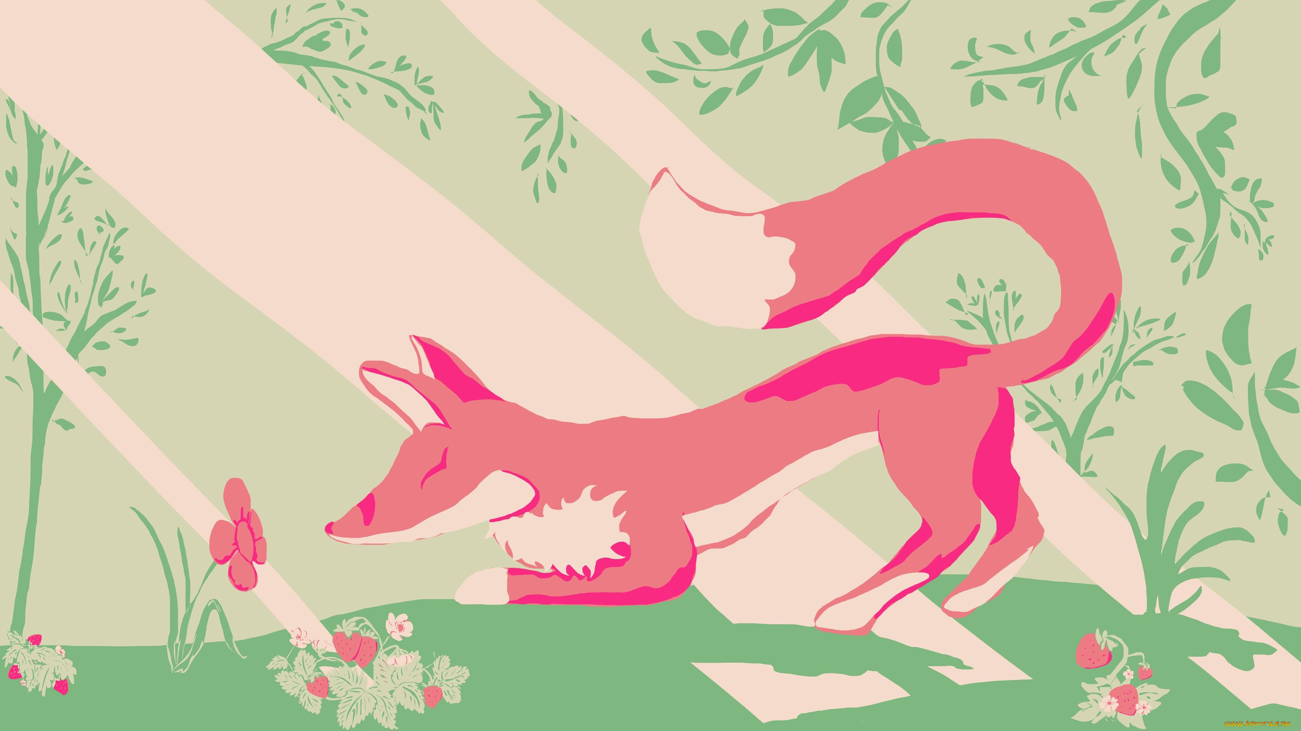 векторная, графика, животные, , animals, лиса, цветок, лучи, земляника