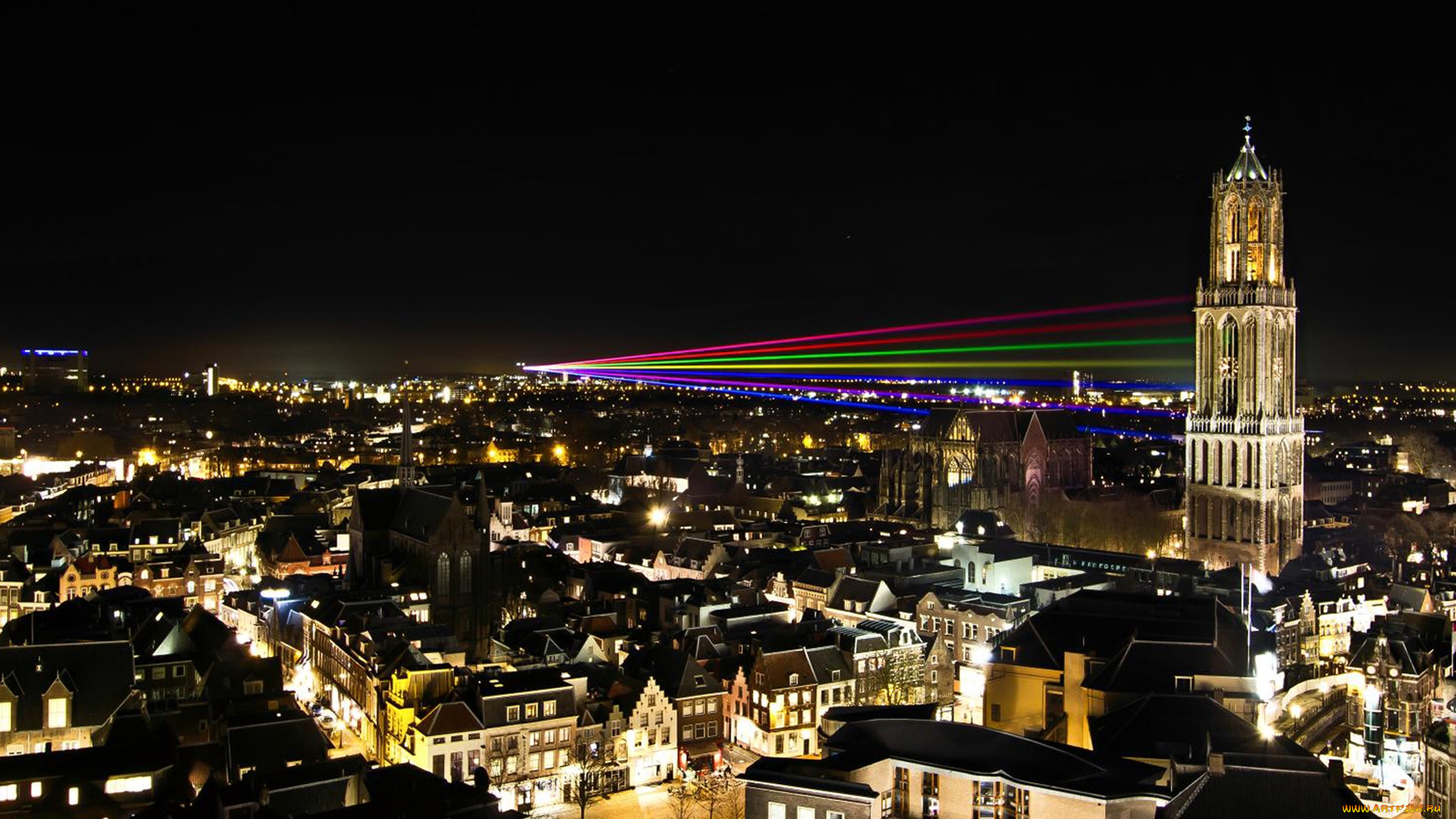 города, -, огни, ночного, города, дома, здания, огни, лучи, панорама