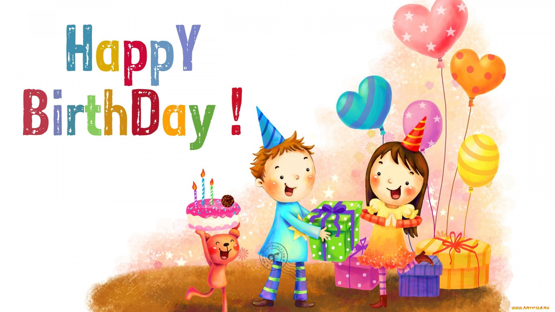 рисованное, праздники, дети, шарики, подарки, торт