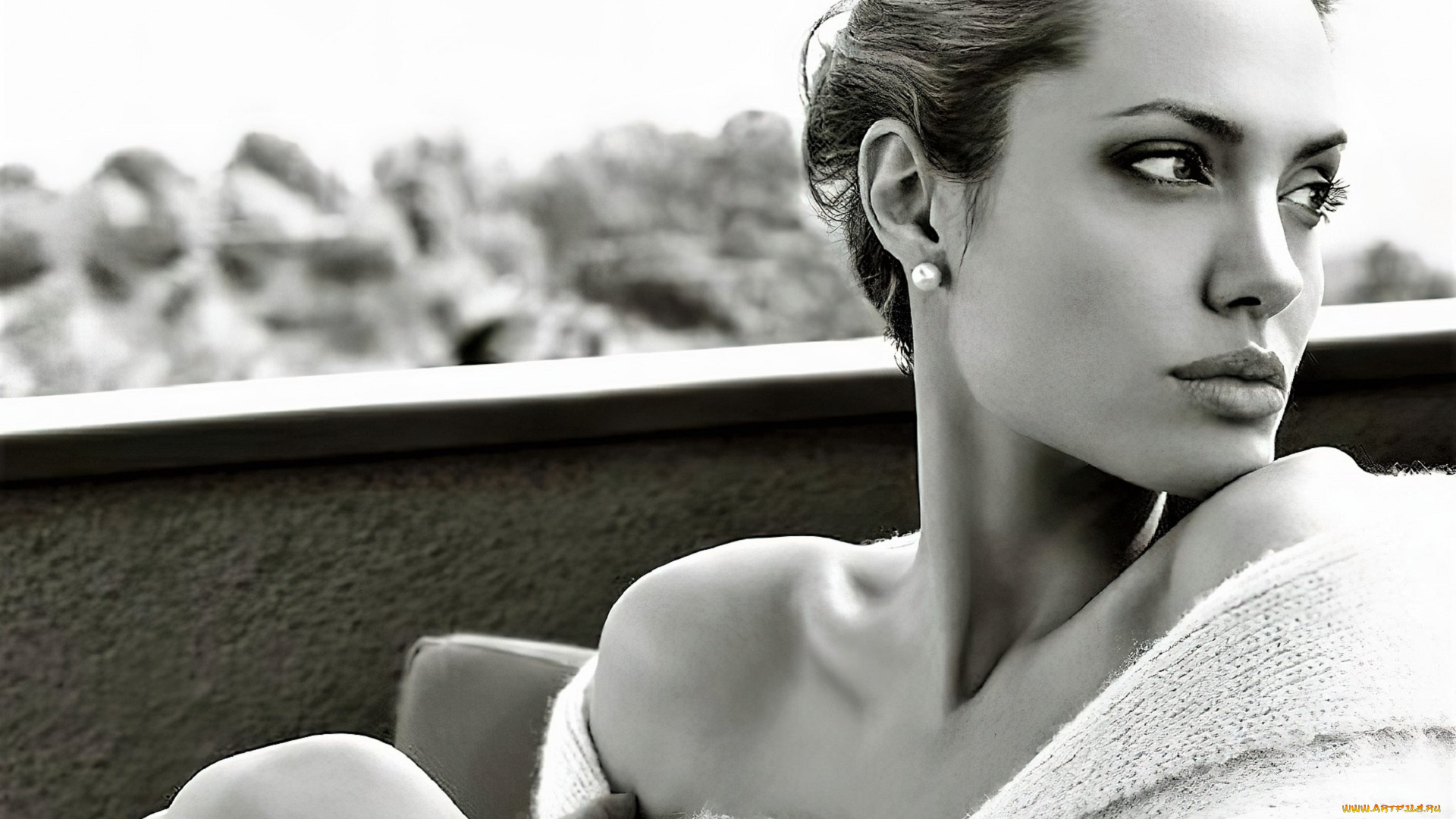 девушки, angelina, jolie, актриса, черно-белая, лицо, ограда