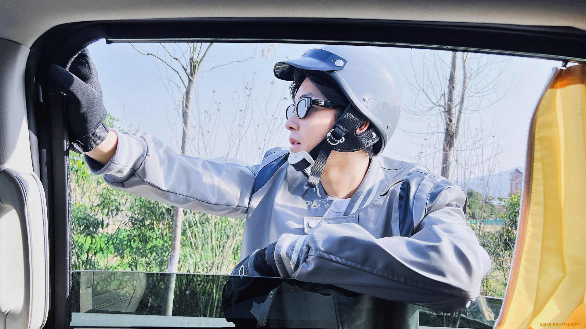 мужчины, hou, ming, hao, окно, актер, шлем, куртка, перчатки