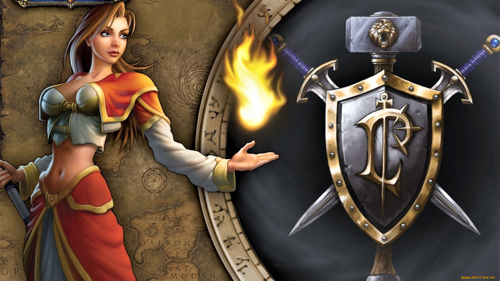 видео, игры, world, of, warcraft, девушка, магия, огонь, щит, мечи