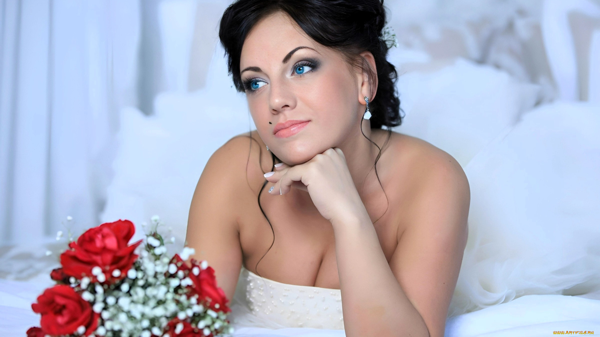 девушки, -, невесты, брюнетка, платье, букет