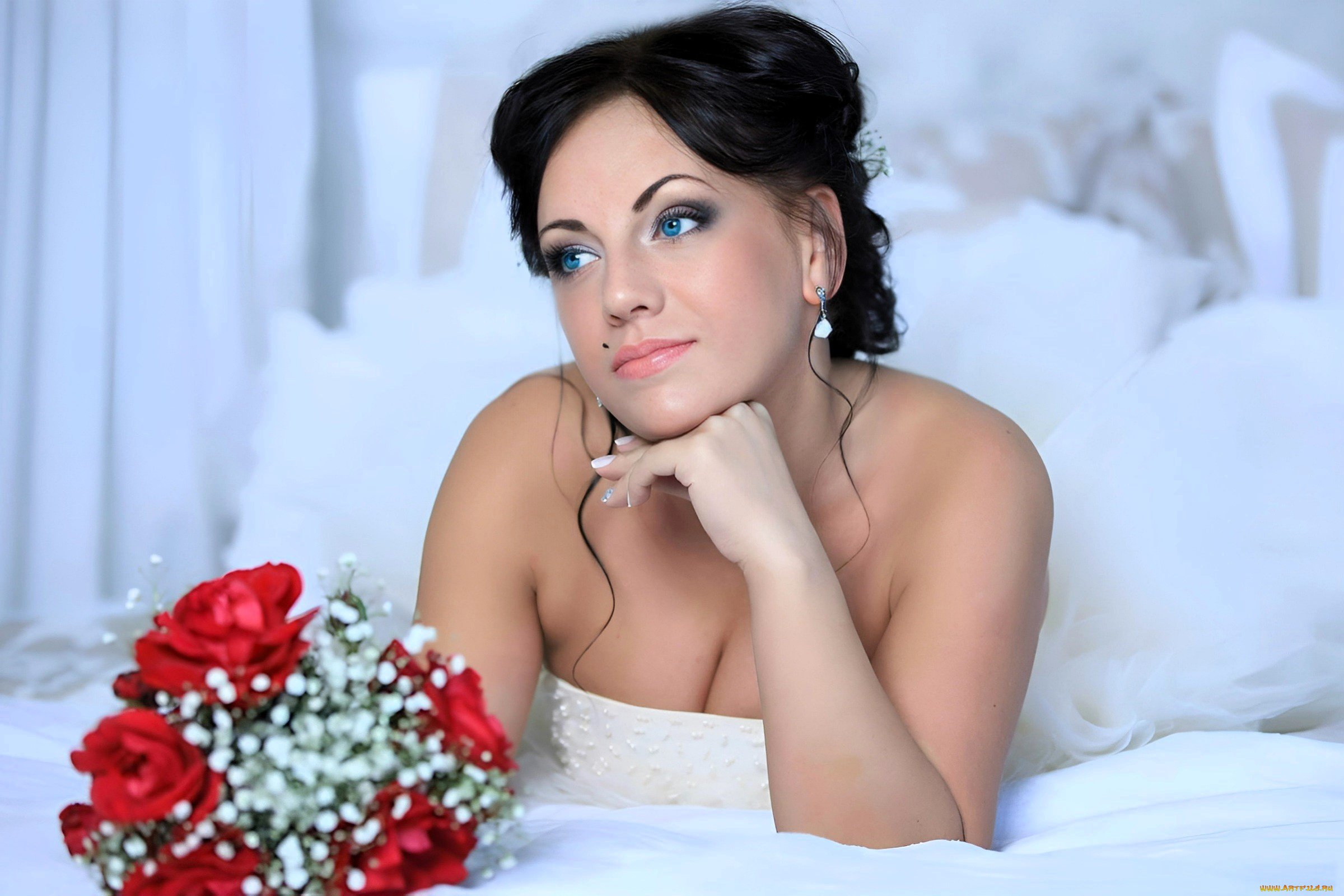 девушки, -, невесты, брюнетка, платье, букет