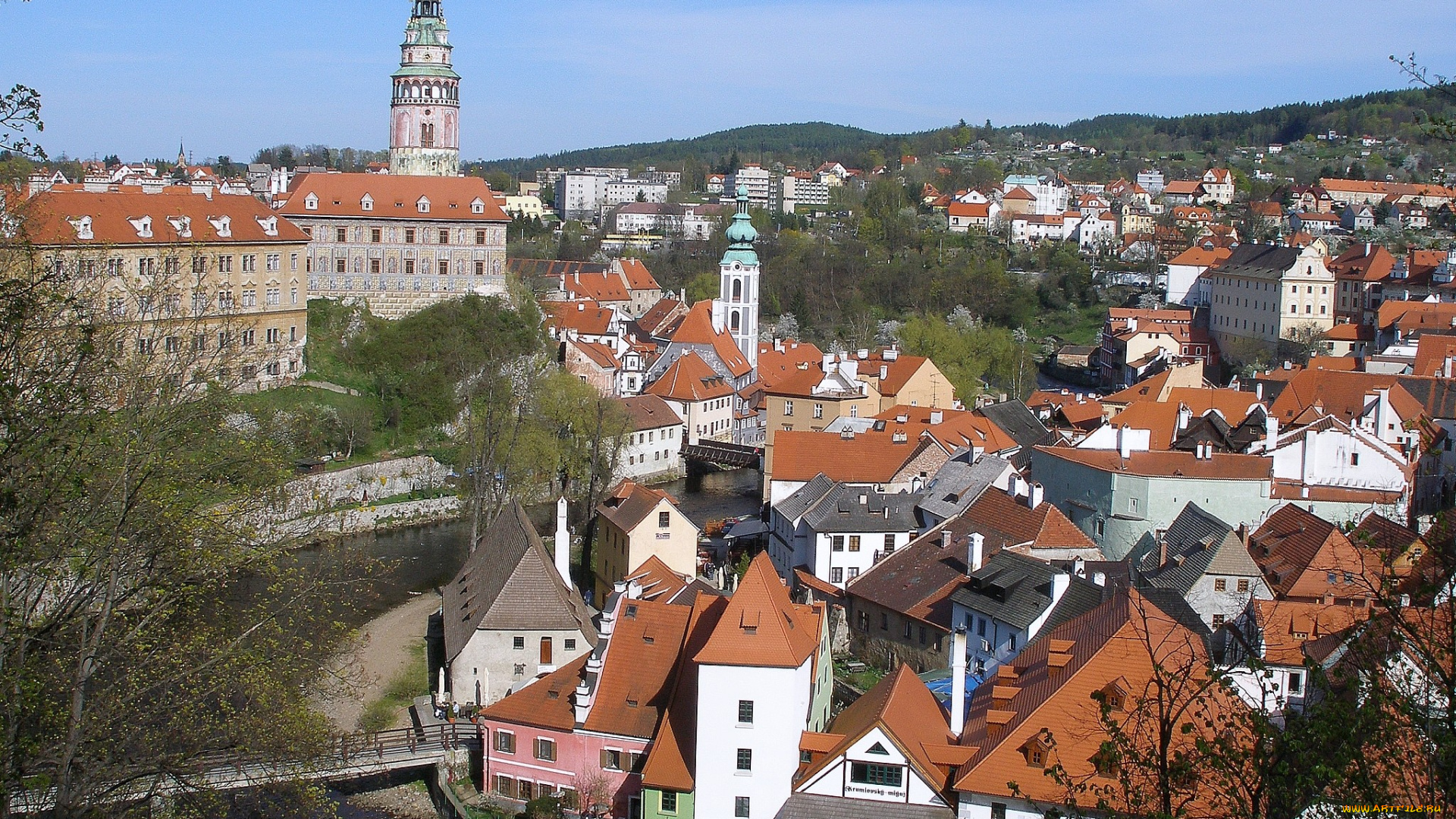 крумлов, Чехия, города, панорамы, река, дома, крыши