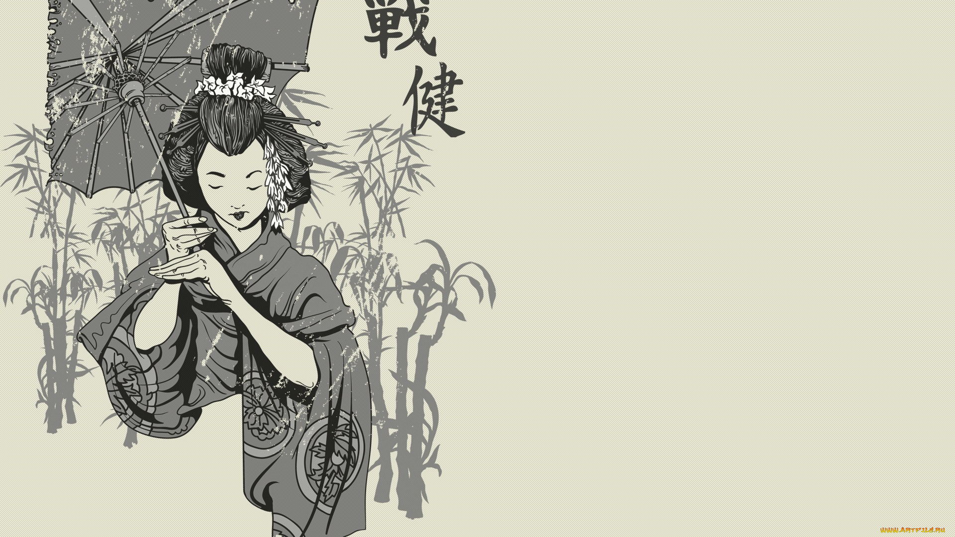 рисованные, люди, черно-белое, японка, зонт, иероглифы