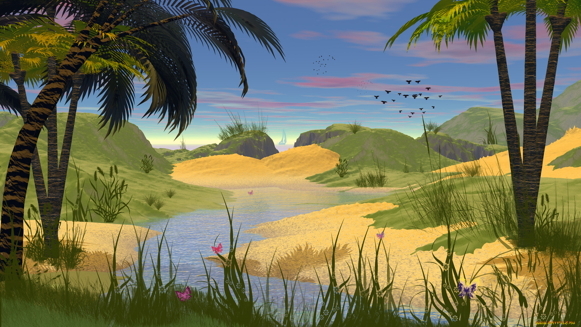 рисованные, природа, пальмы, птицы, трава, облака, вода, песок
