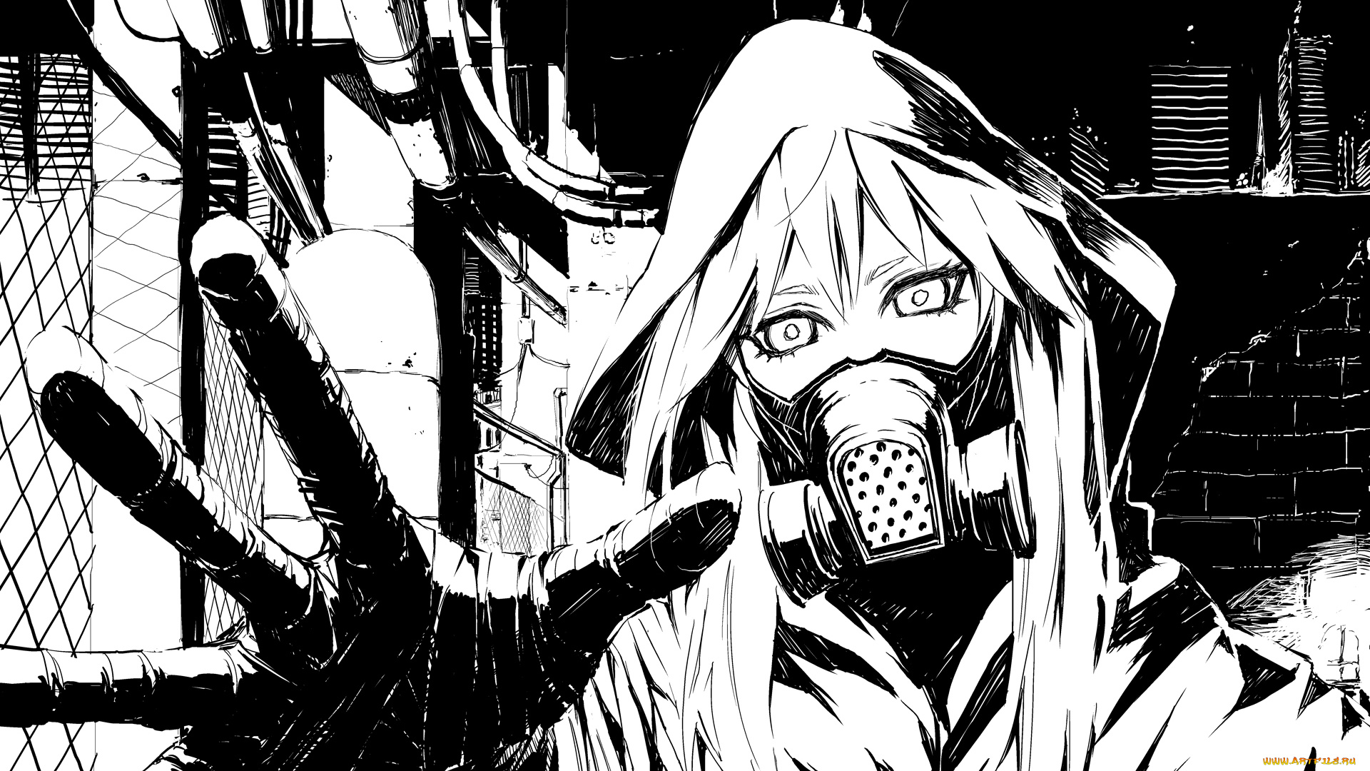 by, idsuru921, аниме, weapon, blood, technology, трубы, рука, девушка, забор, капюшон, противогаз, город, сетка