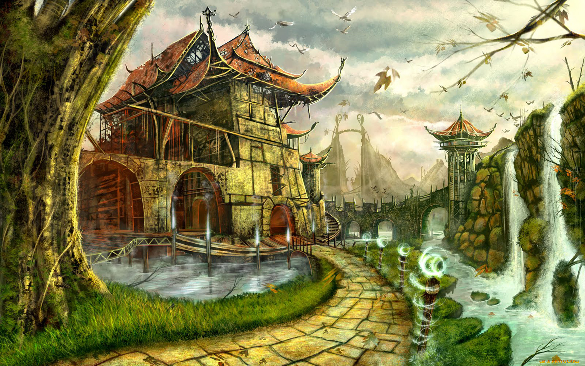 фэнтези, иные, миры, времена, дерево, птицы