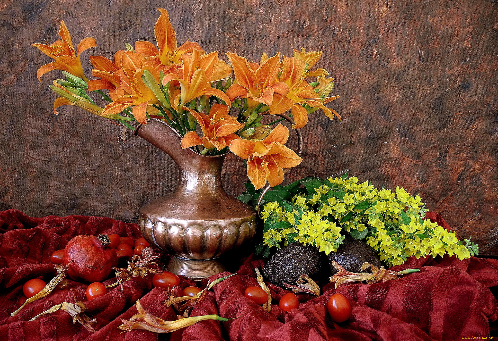 еда, натюрморт, помидоры, лилейник, гранат, авокадо