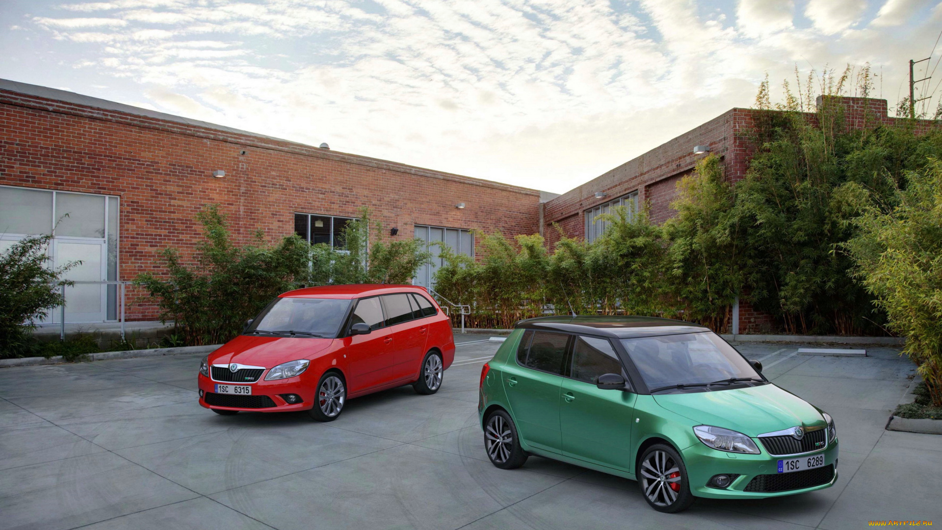 2010, skoda, fabia, rs, автомобили, skoda, площадь, красный, два, fabia, зеленый