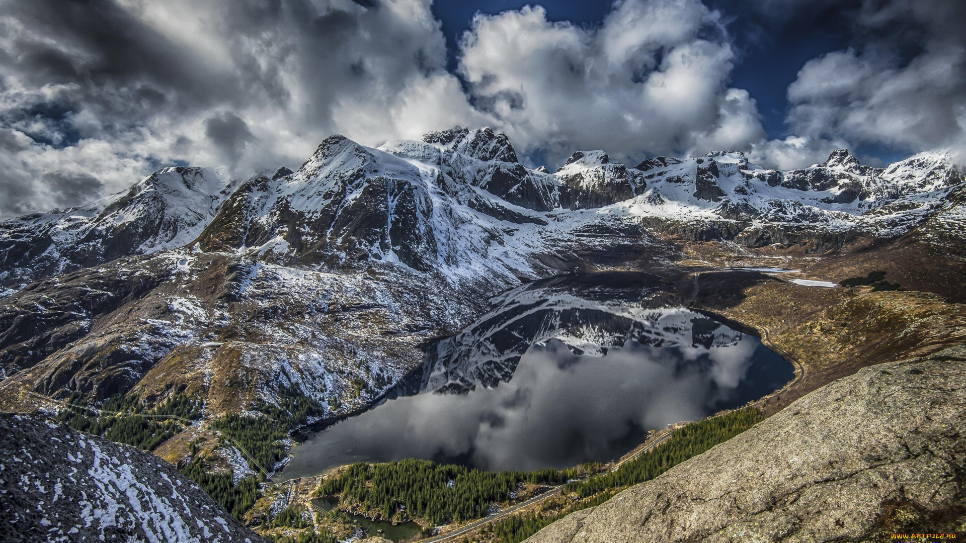 природа, горы, пейзаж, дорога, озеро, вершины