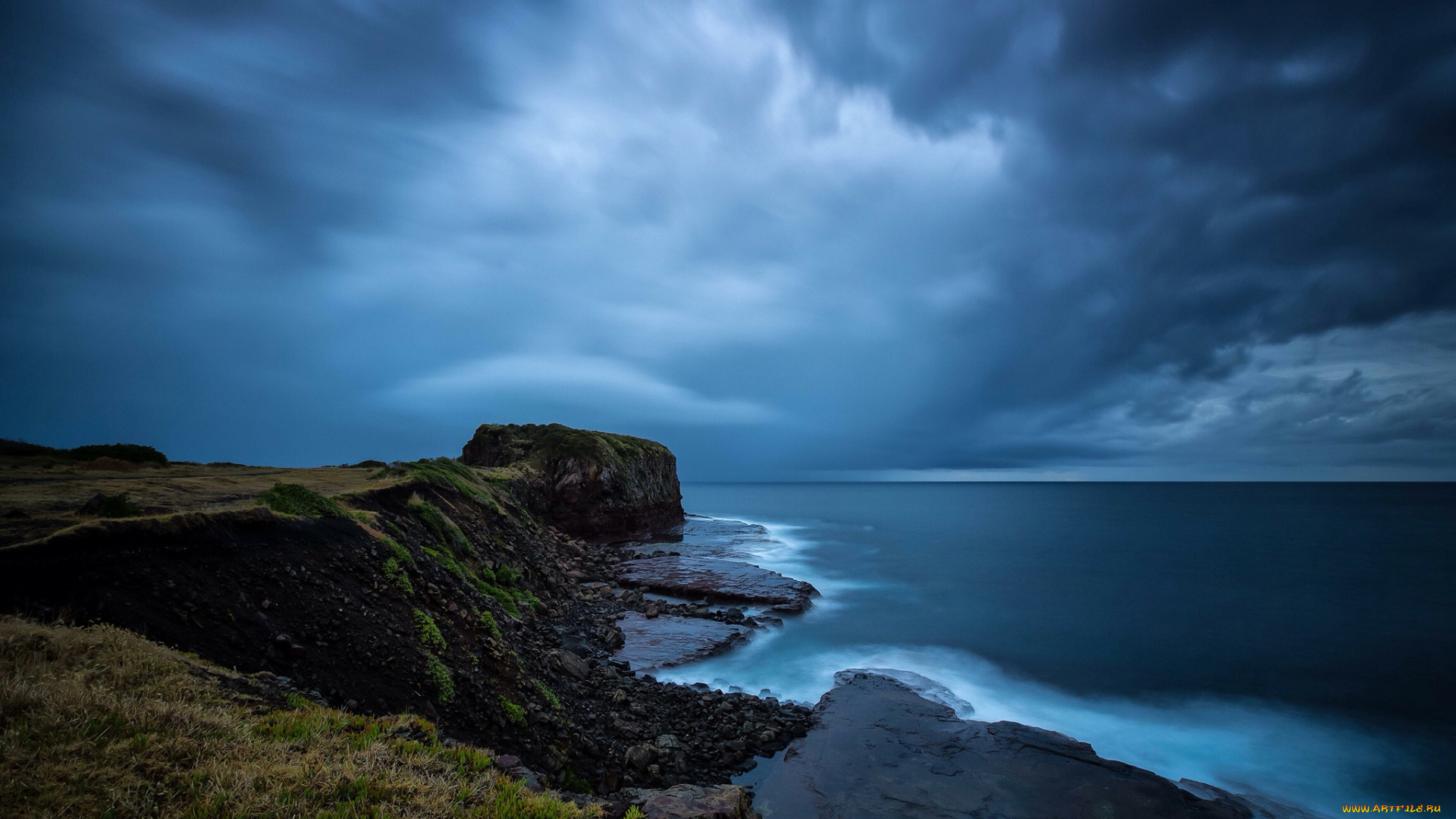 природа, побережье, море, пляж, камни, скалы, тучи