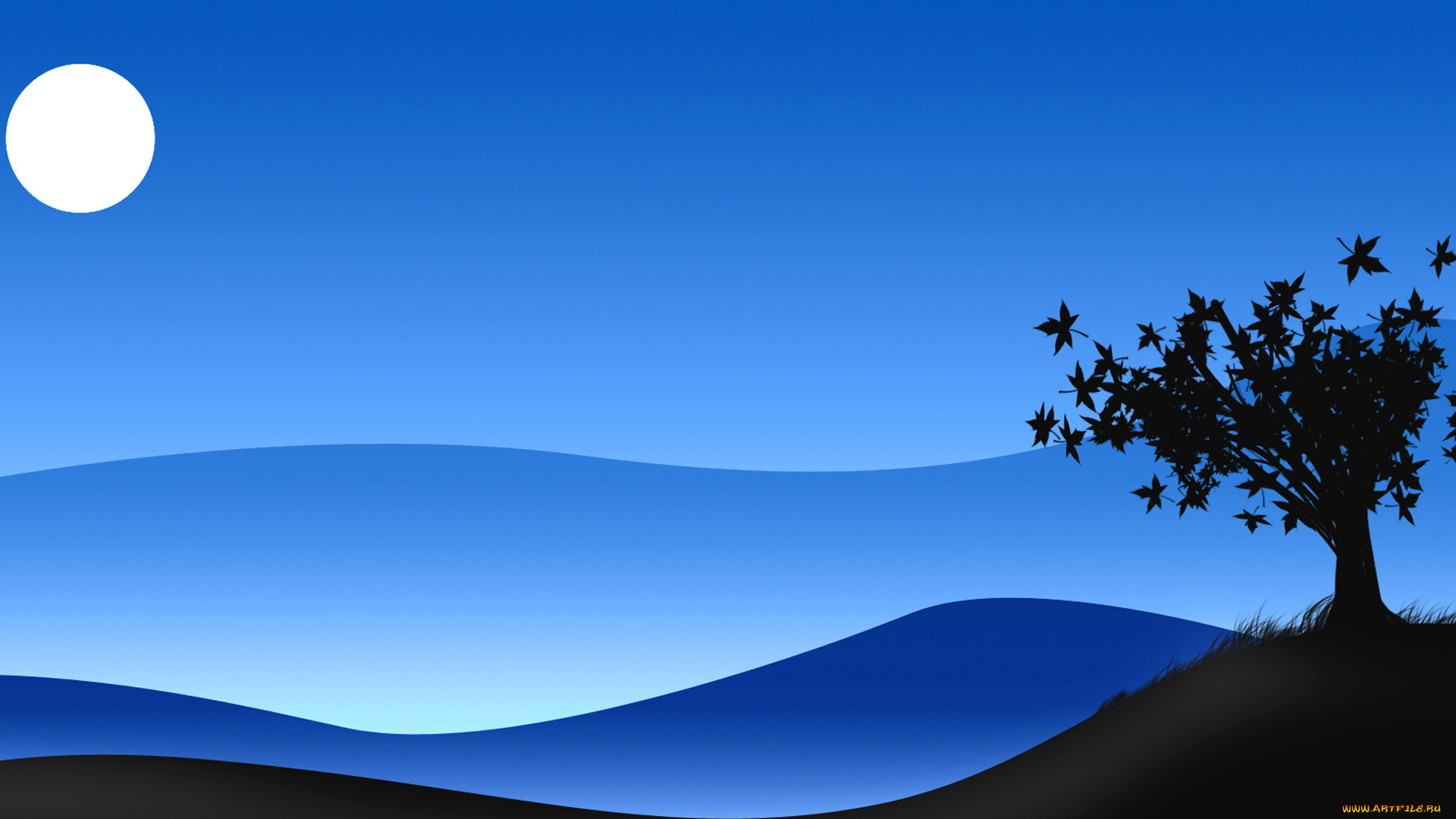 векторная, графика, природа, куст, силуэт, дерево, луна, ночь, небо