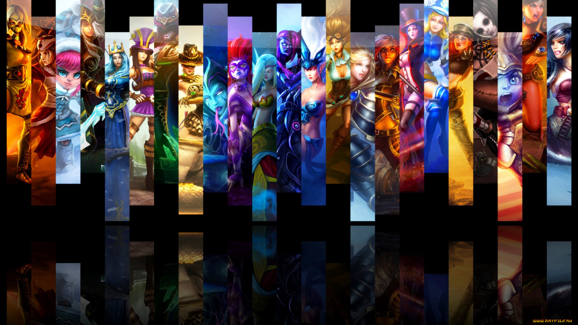 видео, игры, league, of, legends, персонажи, игра, league, of, legends, отражение, черный, фон, коллаж
