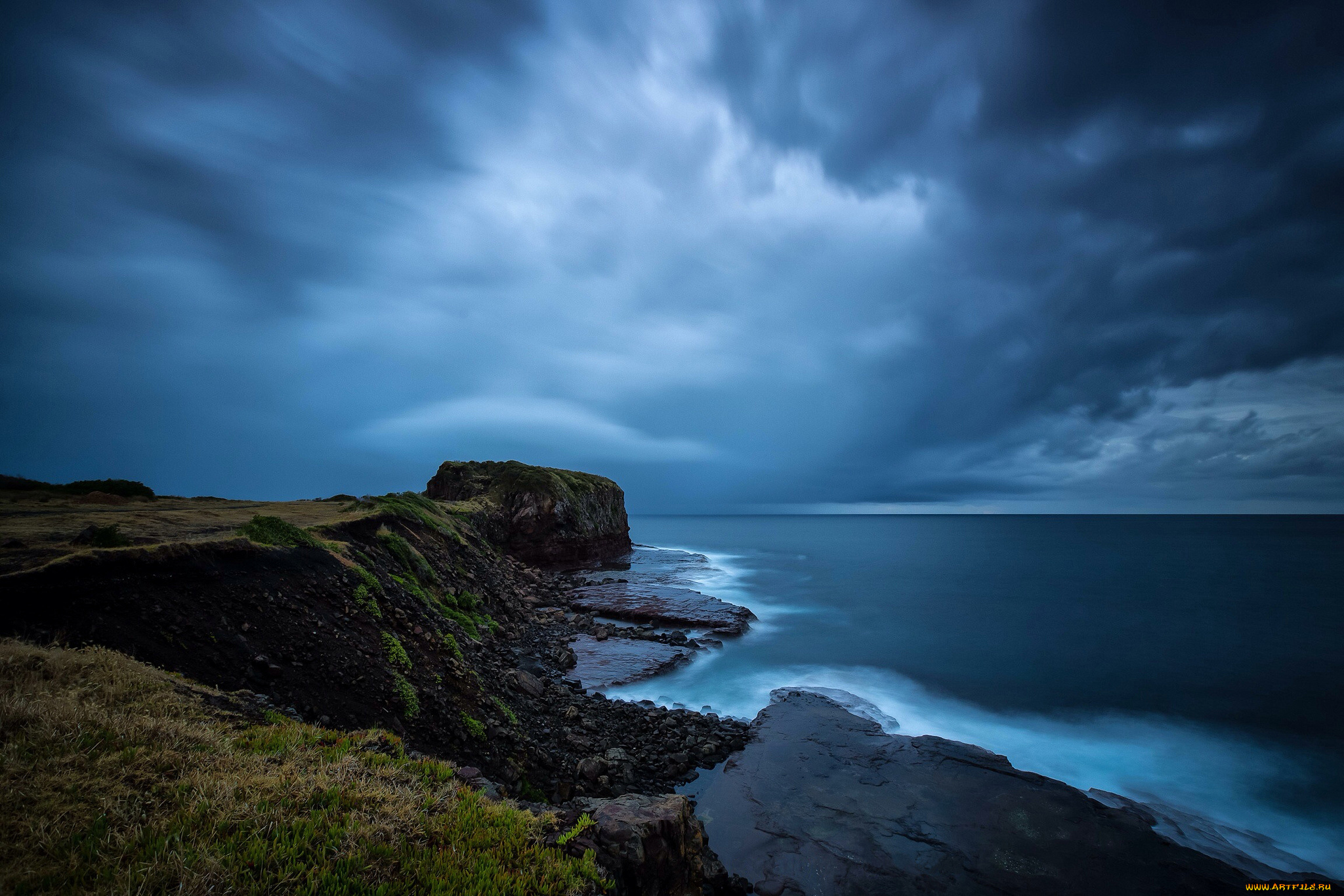 природа, побережье, море, пляж, камни, скалы, тучи