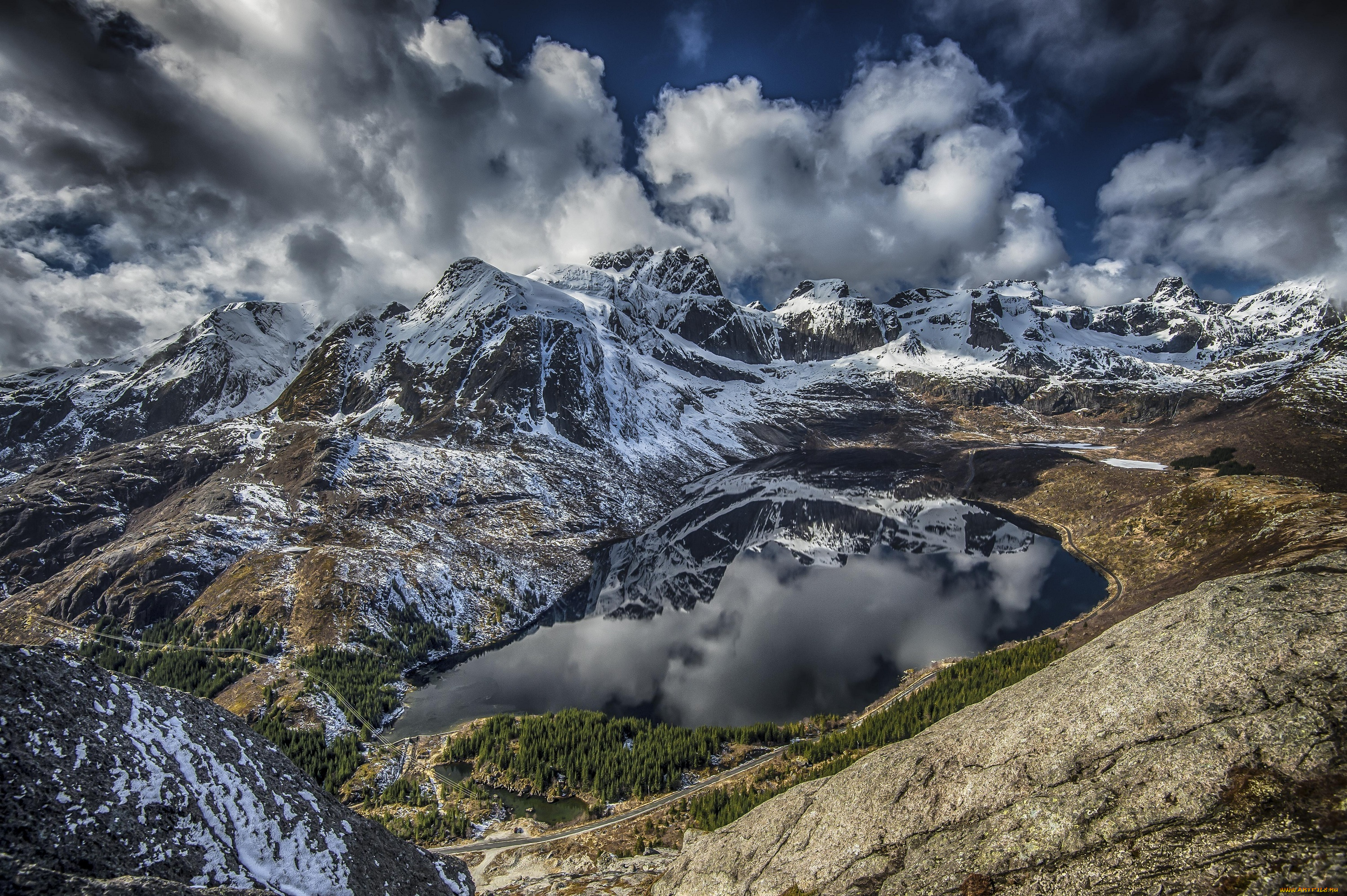 природа, горы, пейзаж, дорога, озеро, вершины