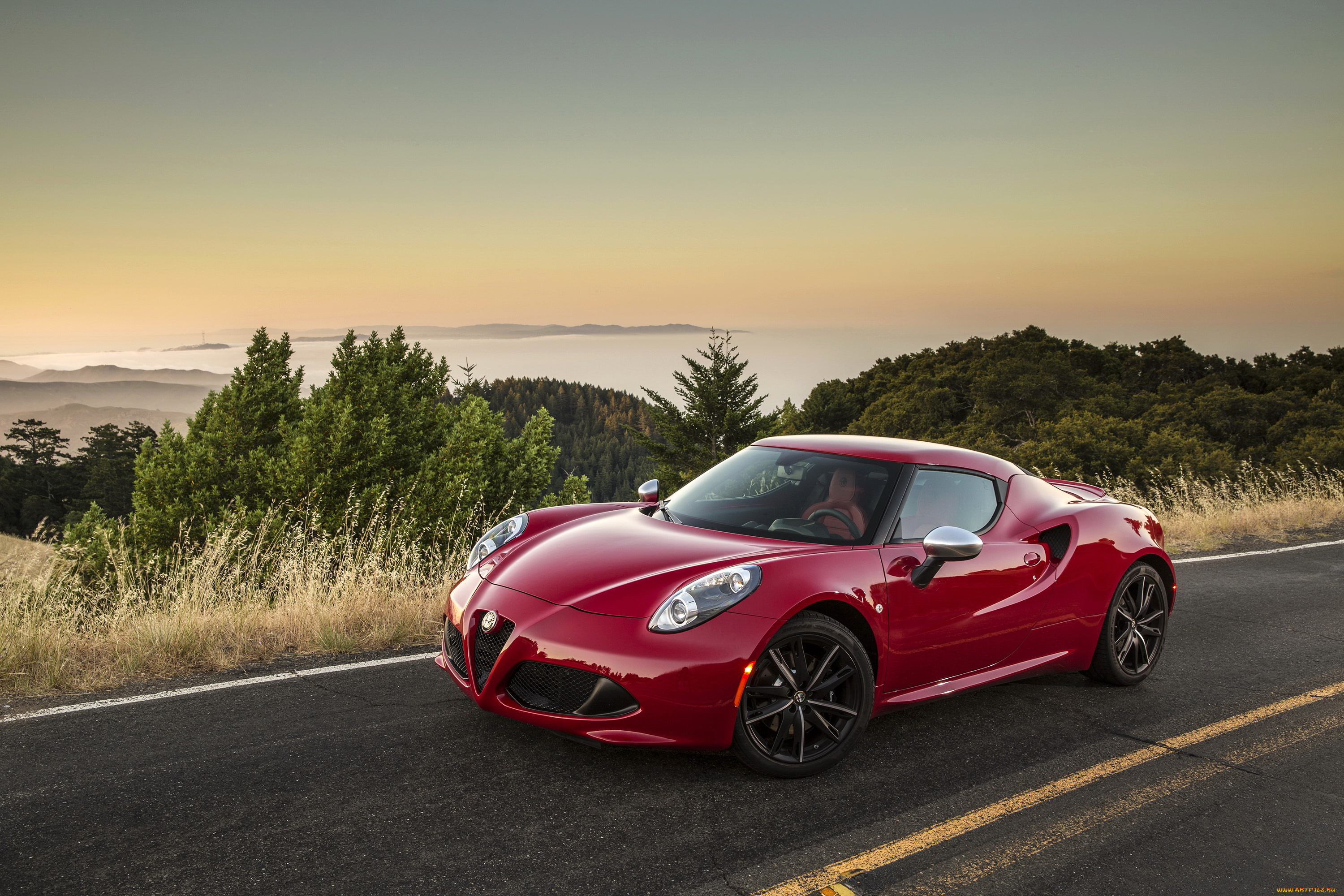2015, alfa, romeo, 4c, автомобили, alfa, romeo, закат, alfa, romeo, дорога, красный