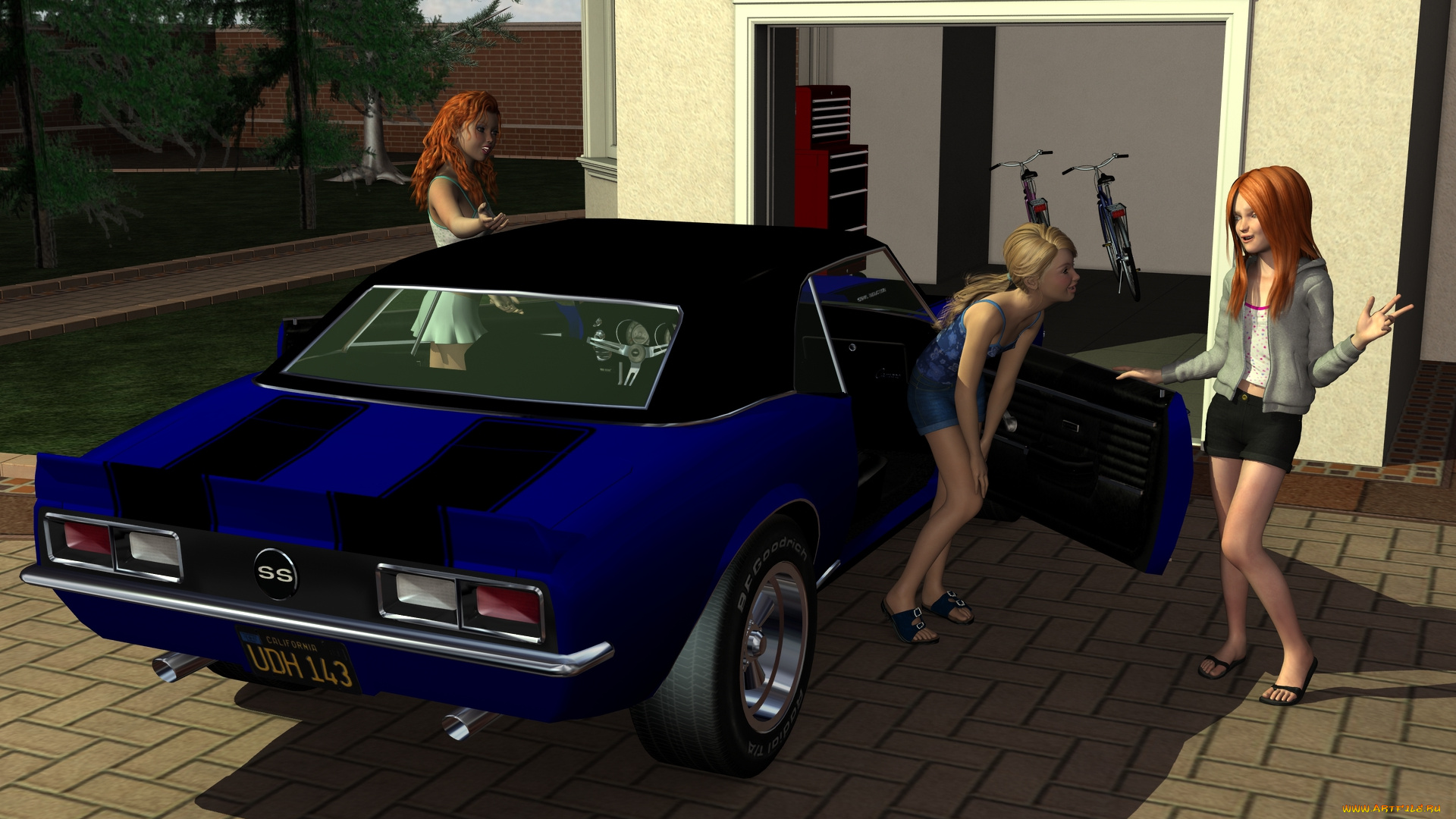 автомобили, 3d, car&girl, взгляд, девушки, автомобиль, фон