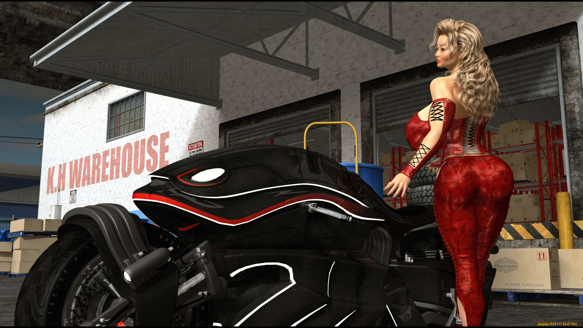 мотоциклы, 3d, девушка, взгляд, фон, мотоцикл