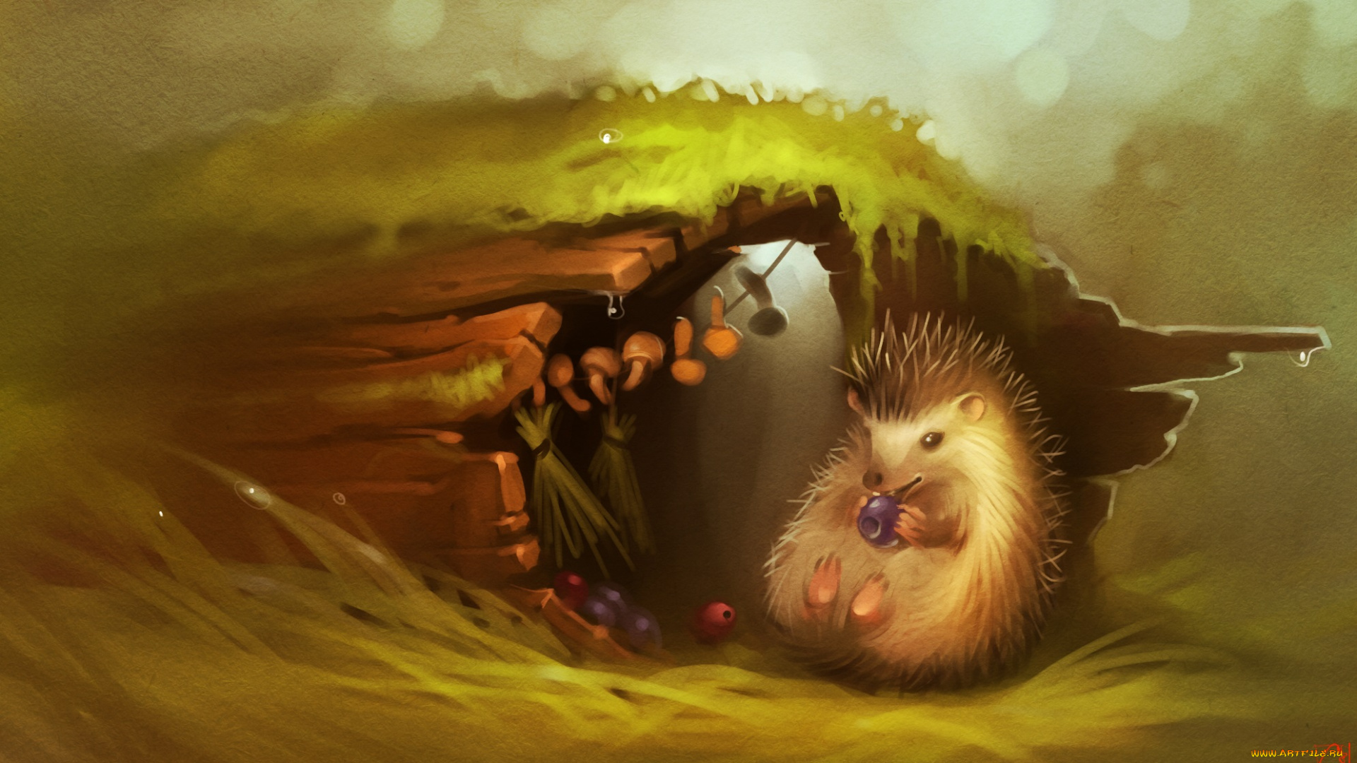 рисованное, животные, , ежи, отдыхает, ёж, пень