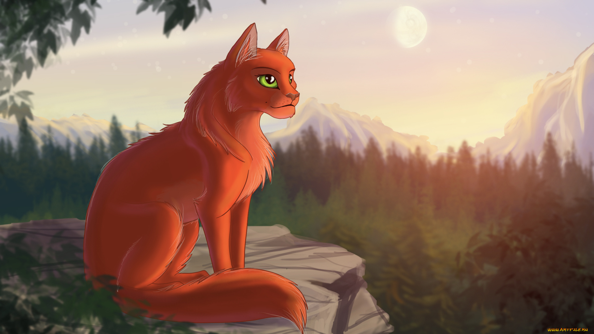 рисованное, животные, , коты, закат, горы, кот