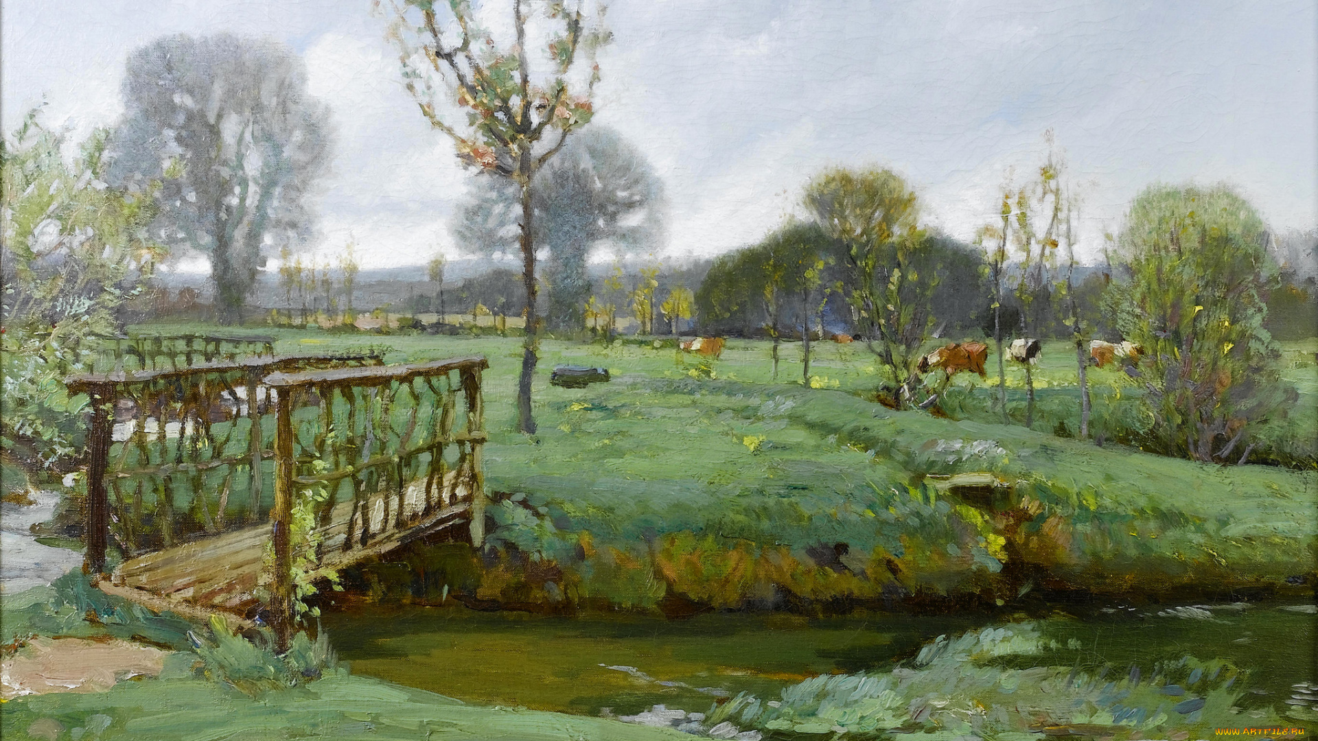 сэмюэл, бёрч, рисованное, живопись, мостик, река, ручей, трава, коровы, луг, пейзаж, небо, облака