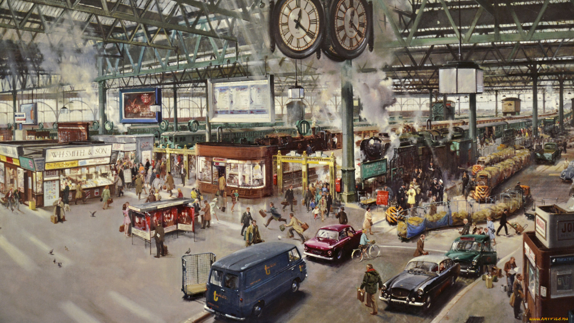 terence, cuneo, рисованное, картина, дым, вокзал, поезда, город, часы, люди