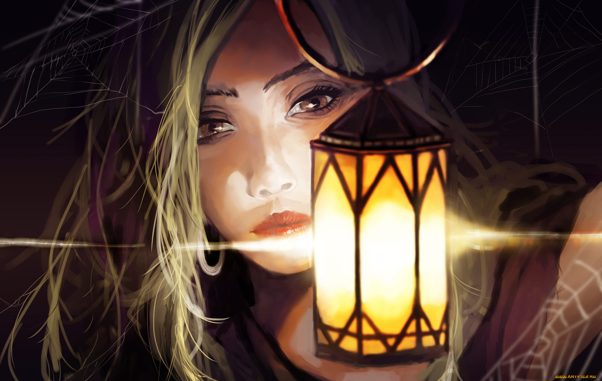 рисованное, люди, паутина, светильник, крупный, план, девушка