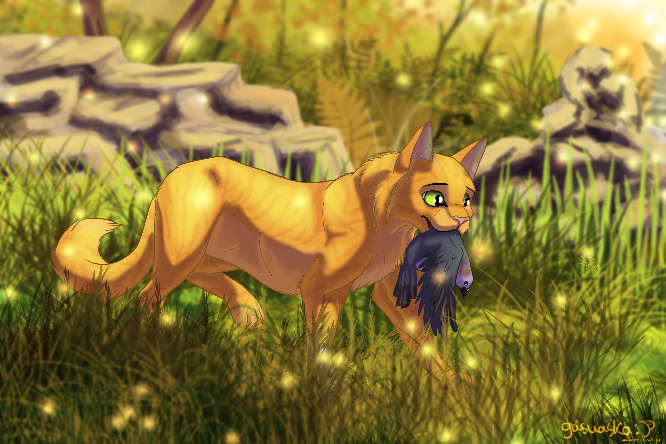 рисованное, животные, , коты, добыча, кот