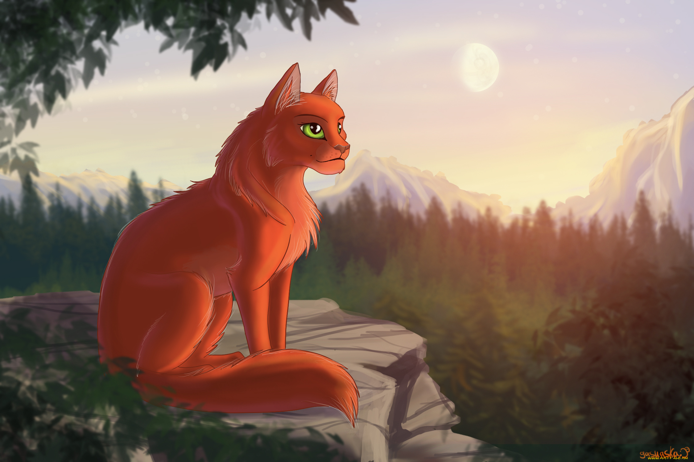 рисованное, животные, , коты, закат, горы, кот