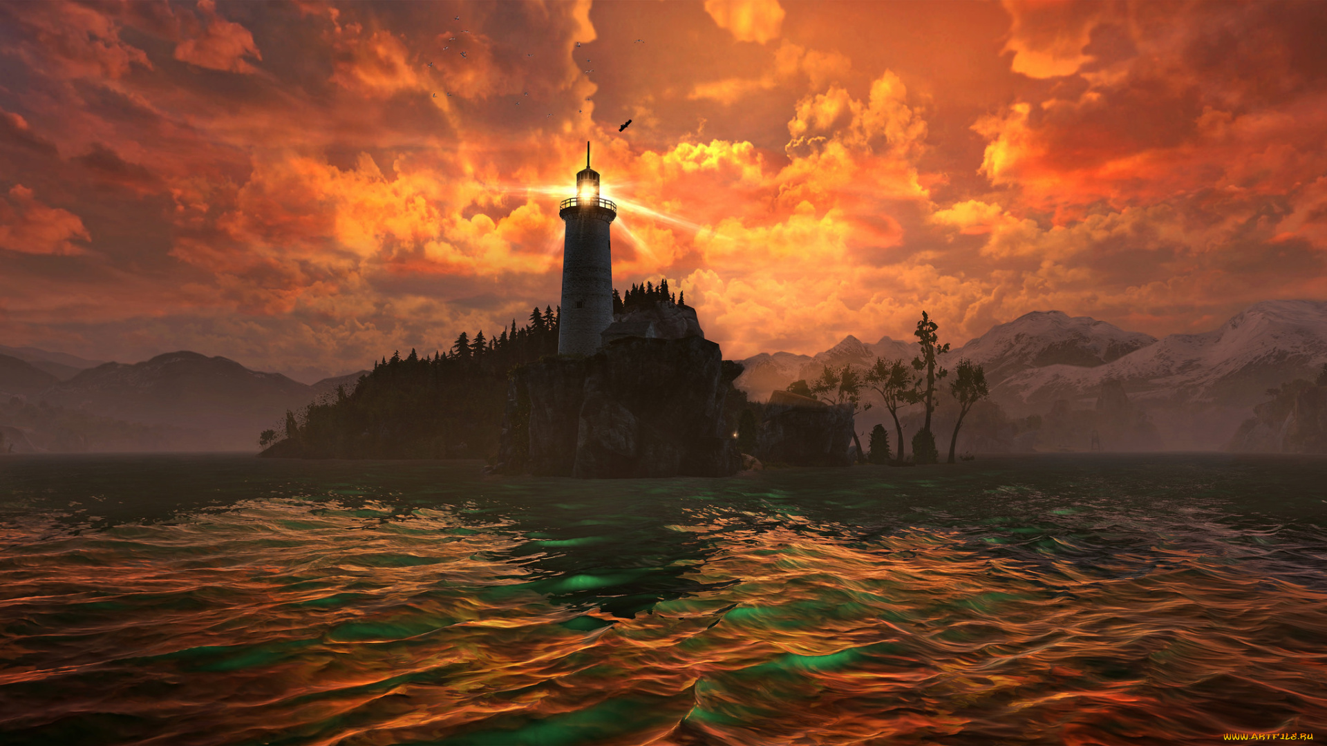 3д, графика, море, , sea, скалы, горы, облака, небо, море, маяк
