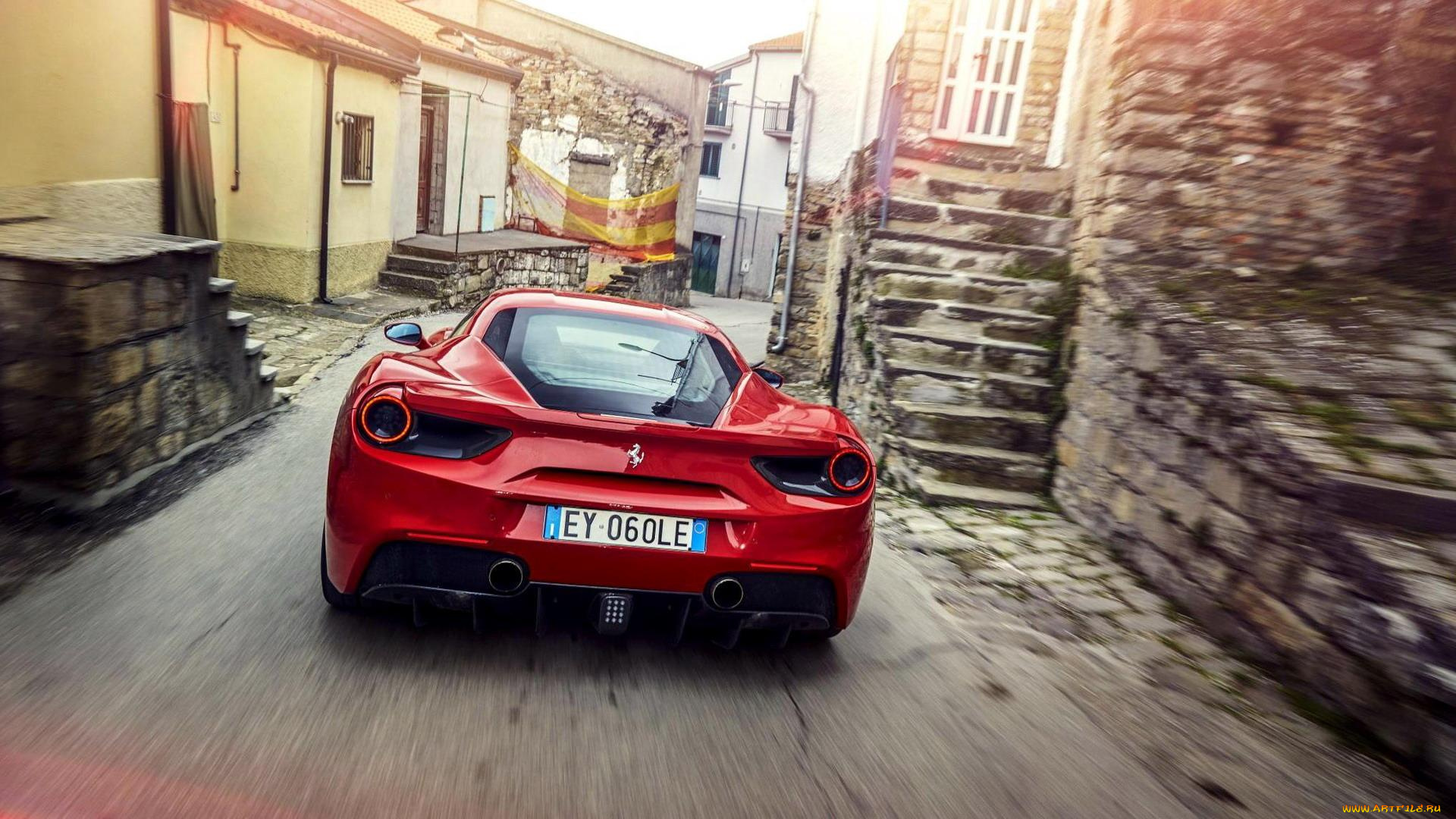 автомобили, ferrari, феррари, улица, дома, gtb, 488, красный