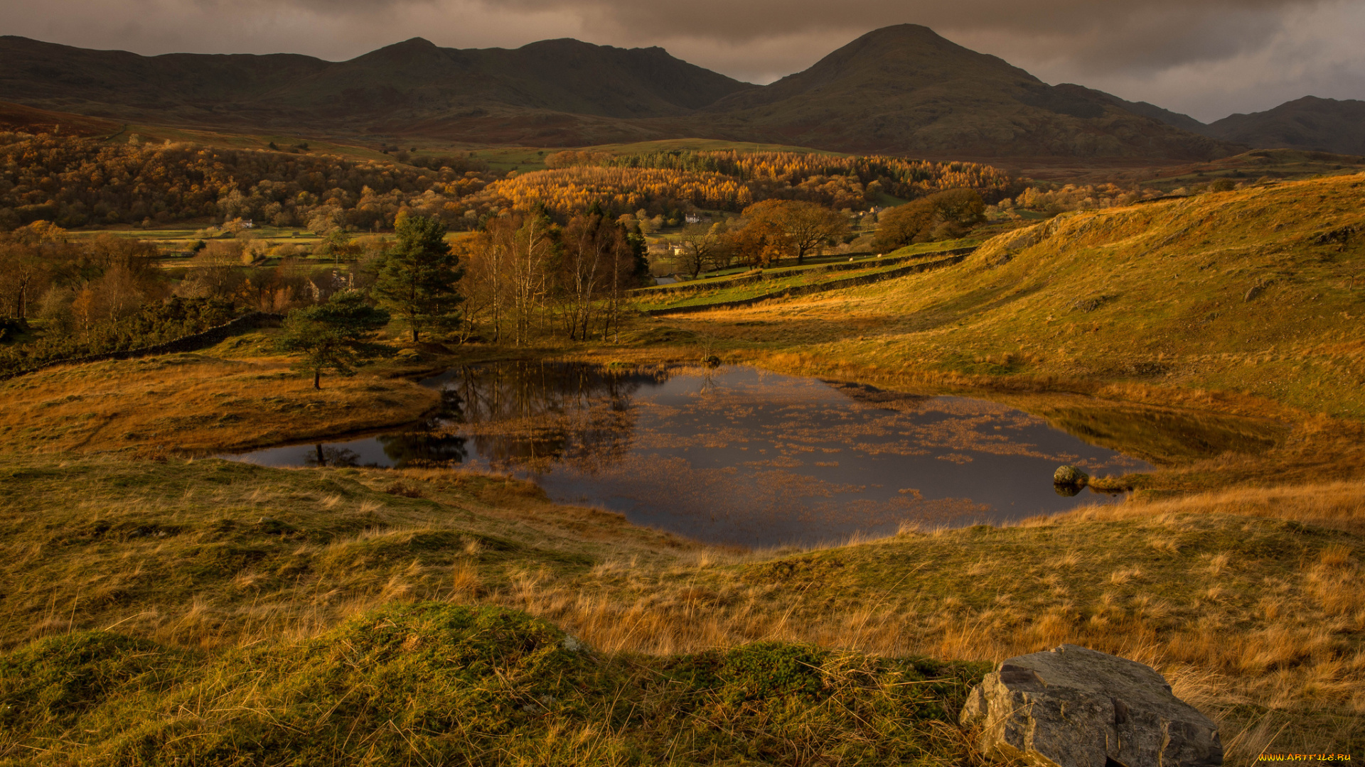 природа, пейзажи, небо, камень, осень, деревья, трава, озеро, горы