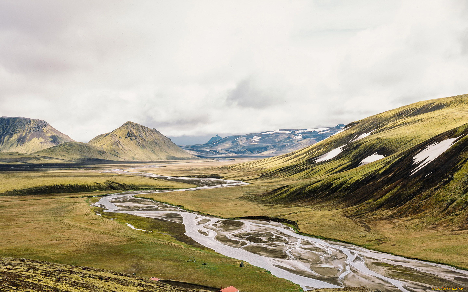 природа, пейзажи, река, горы, облака, небо, ручей