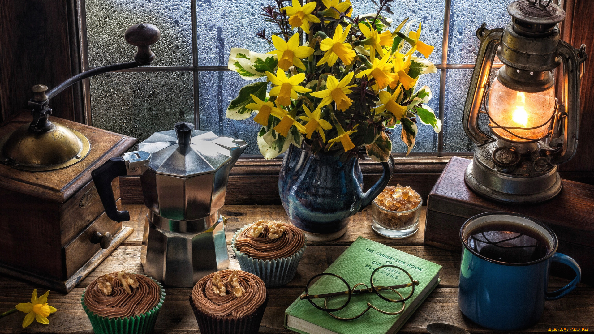 еда, натюрморт, цветы, вкусно, чай, крем, кекс, нарциссы