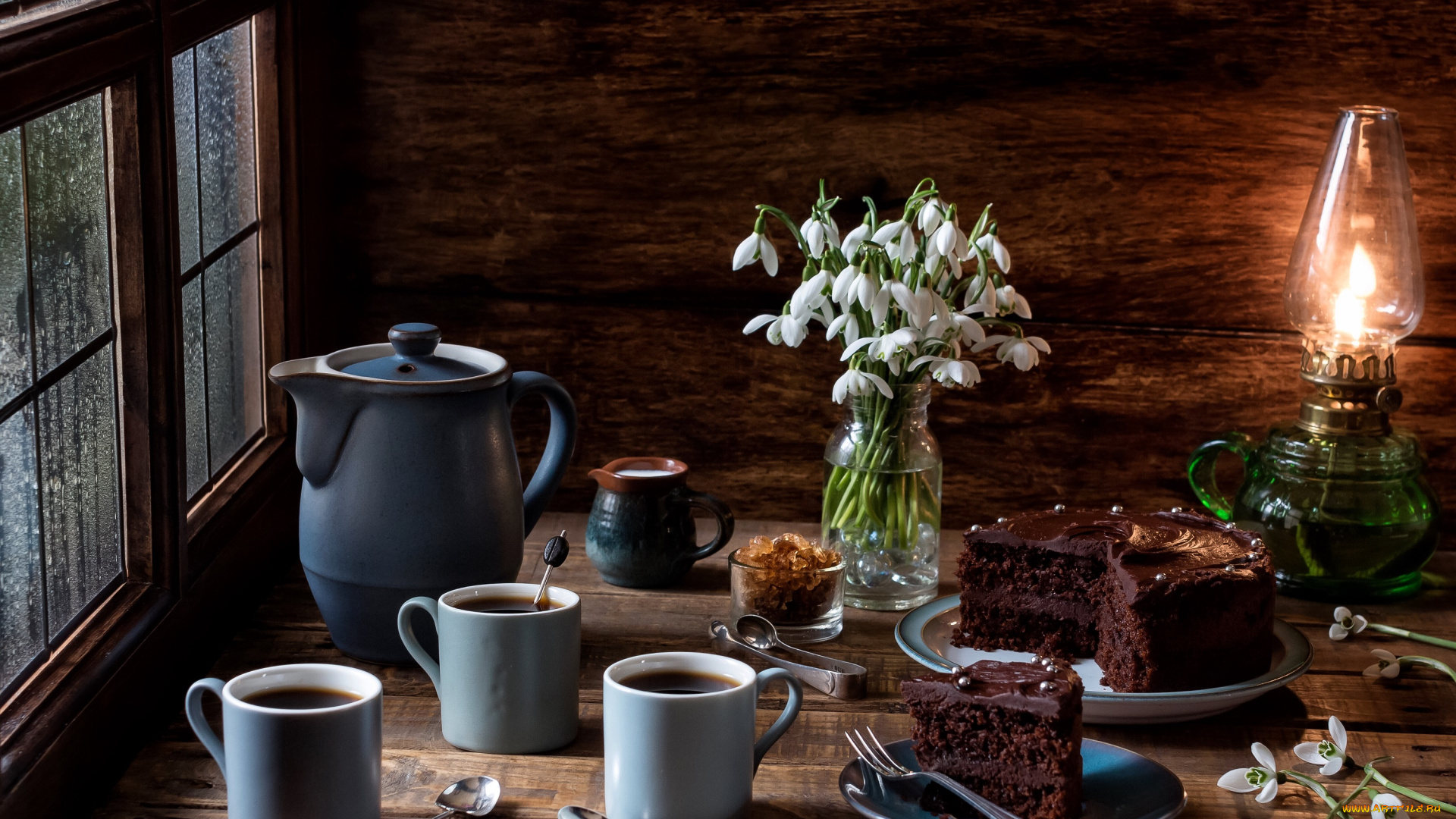 еда, натюрморт, вкусно, ландыши, цветы, чай, тортик