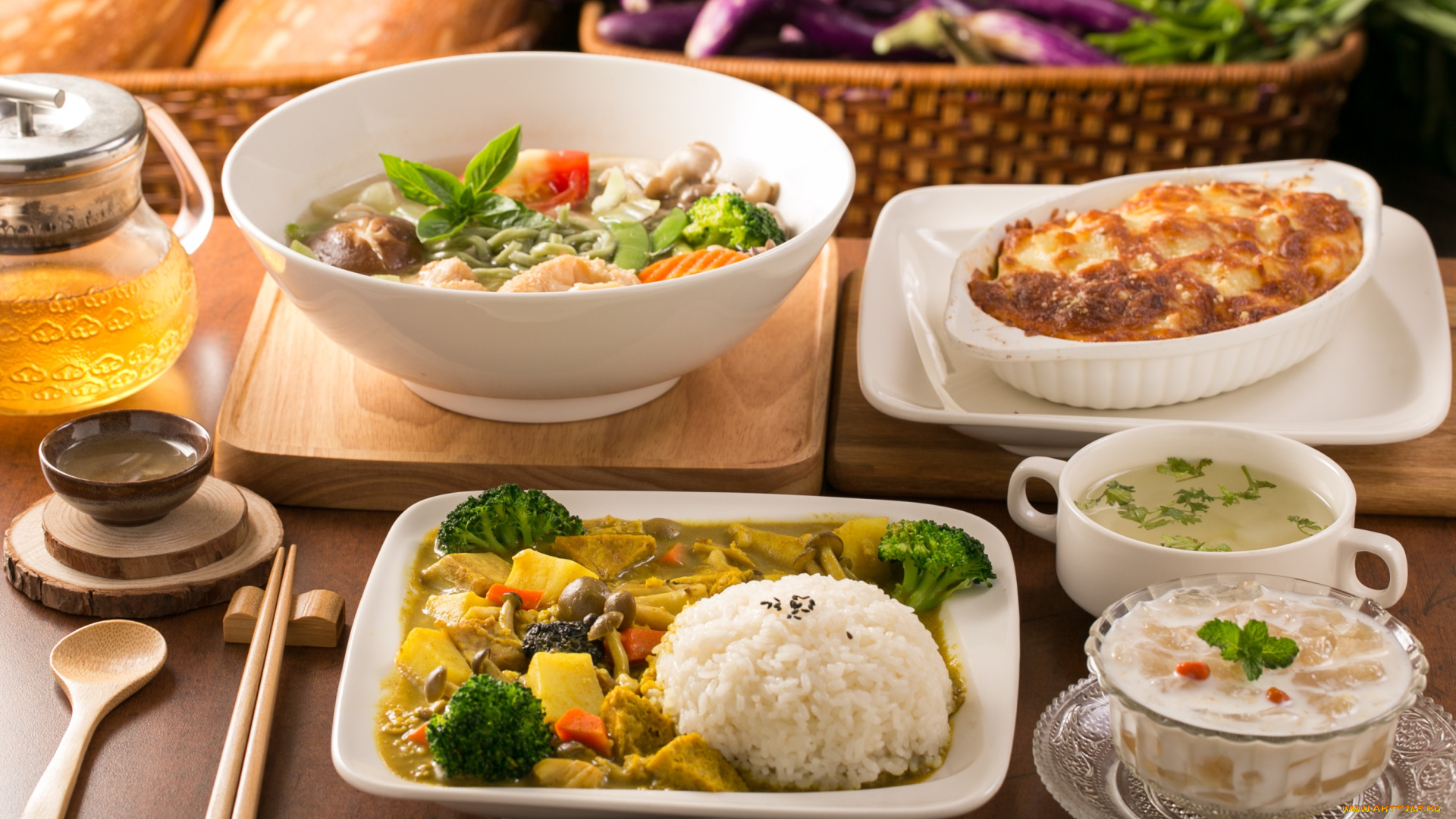 еда, разное, ассорти, чай, рис, салат, суп, овощи