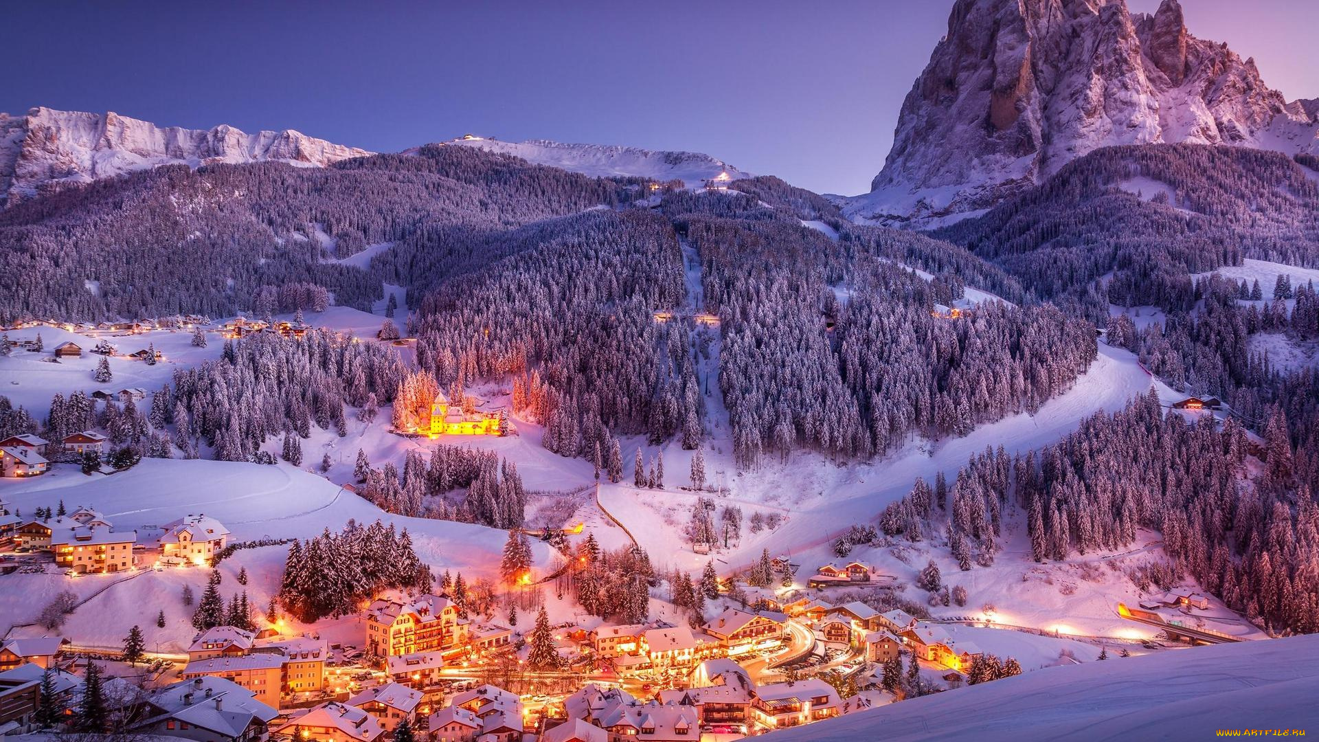города, -, огни, ночного, города, sunset, village, landscape, dolomites, italy