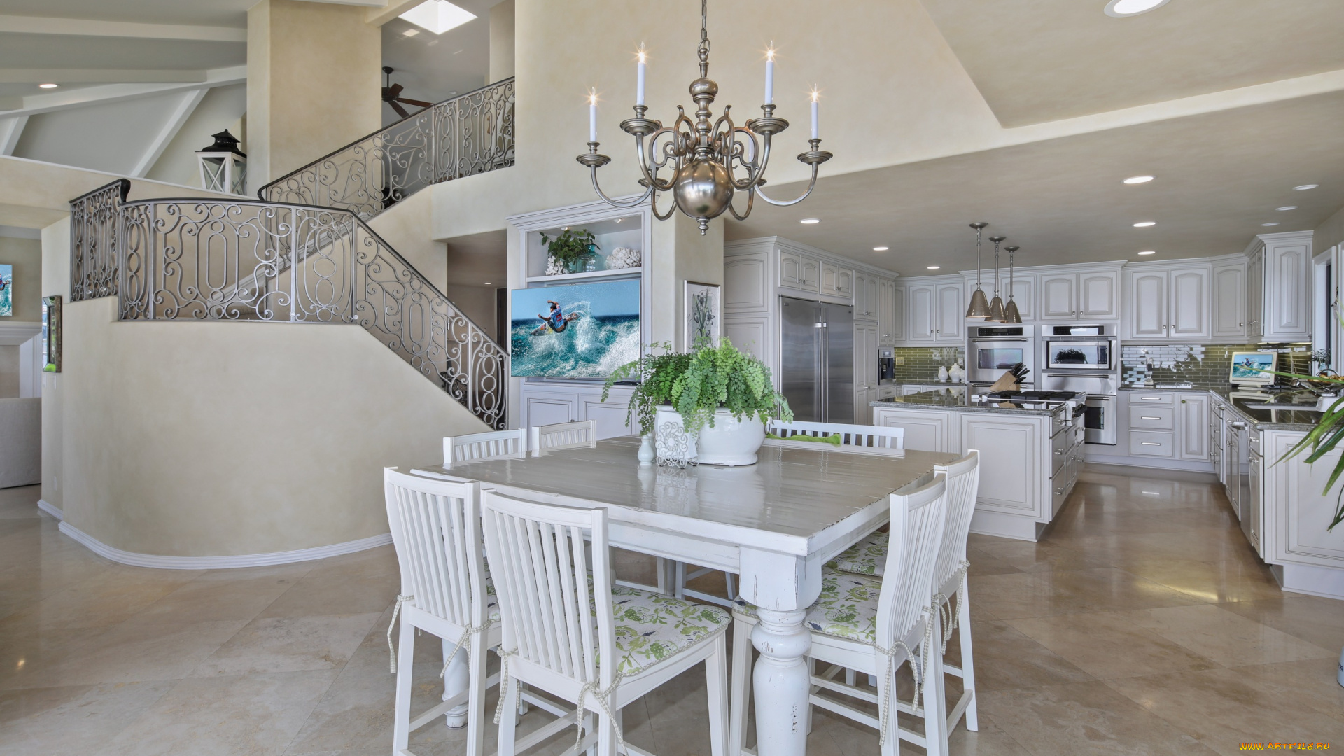интерьер, кухня, люстра, дизайн, стол, стулья