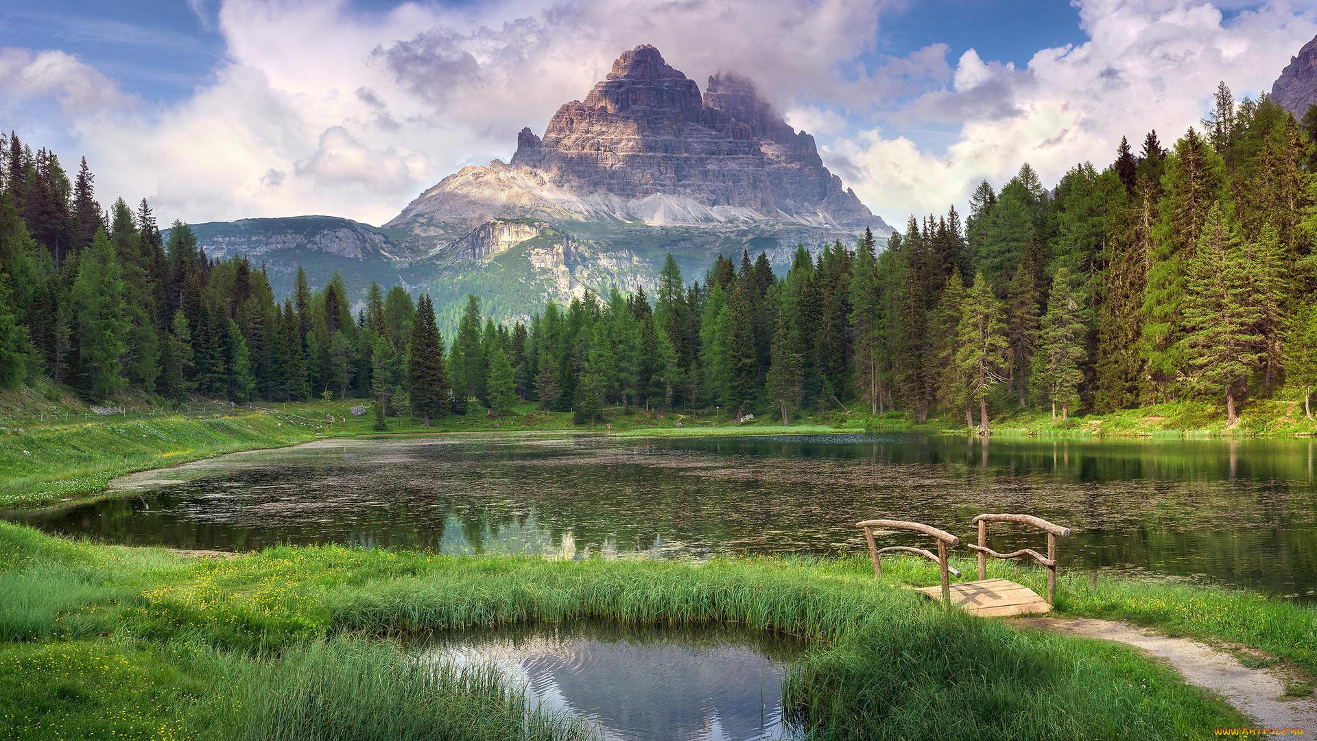 природа, реки, озера, озеро, деревья, лес, горы, мостик