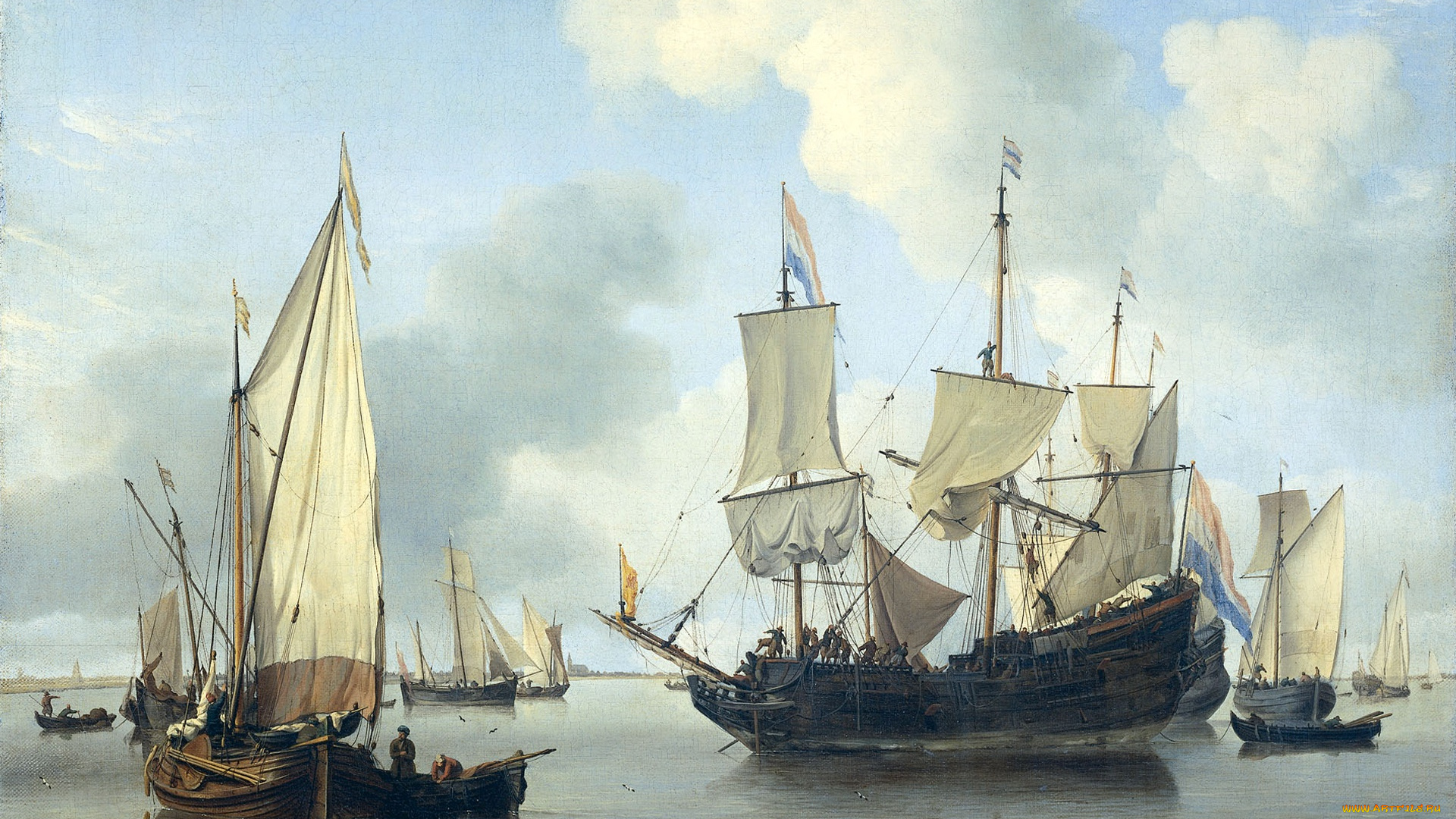 рисованное, живопись, парус, холст, картина, масло, виллем, ван, де, велде, младший, морской, пейзаж, корабли, на, Якоре, у, побережья