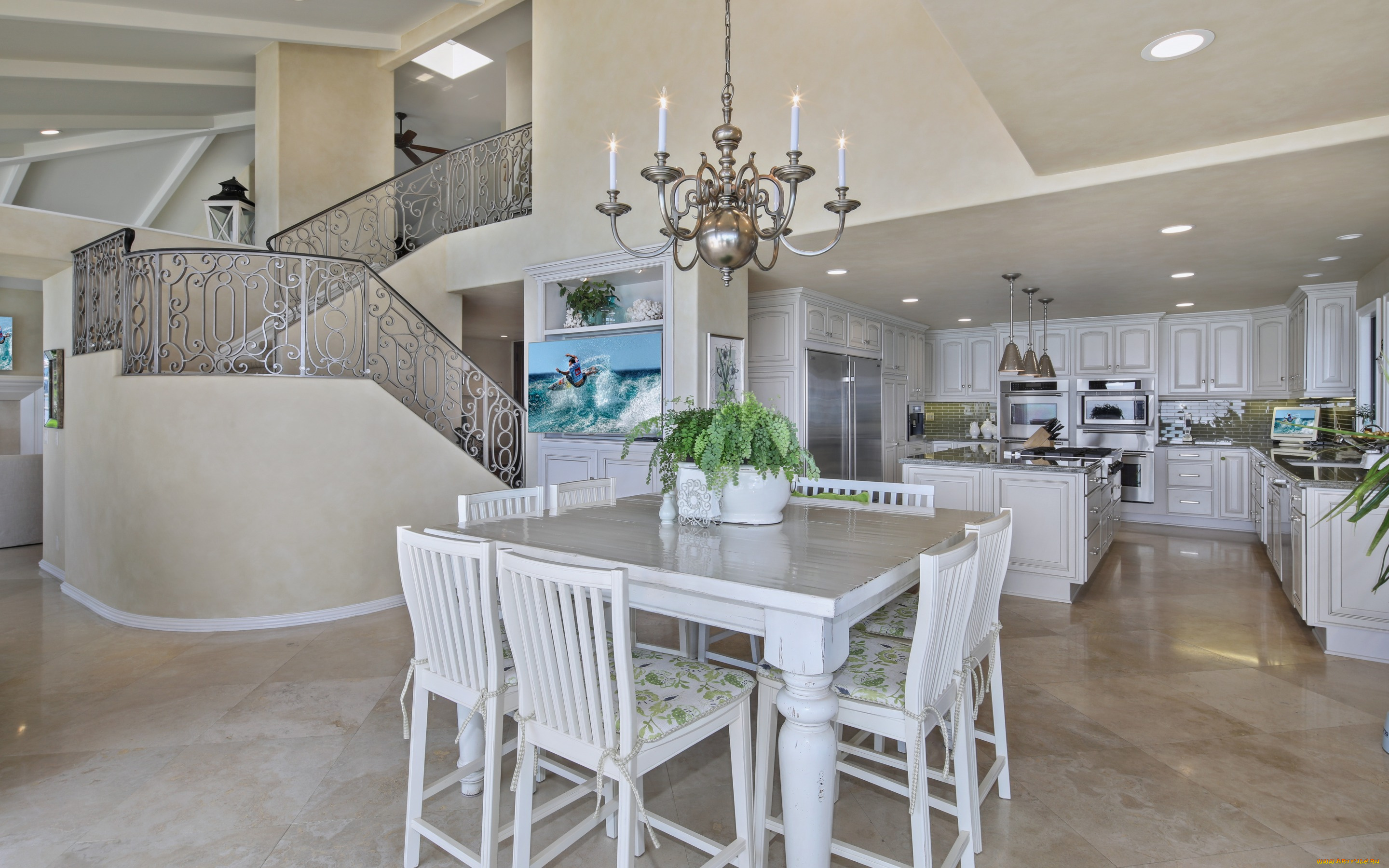 интерьер, кухня, люстра, дизайн, стол, стулья